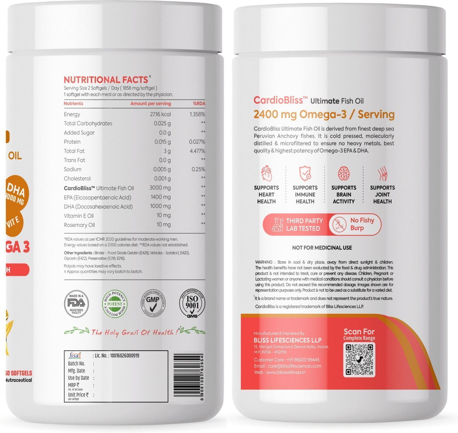 Image of Bliss Welness Omega 3 Fish Oil Capsules with 1400mg EPA & 1000mg DHA for Heart, Brain & Joints