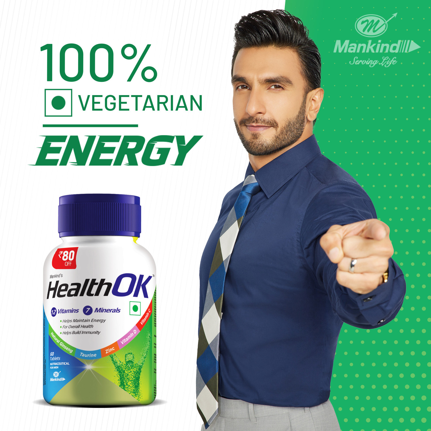 Image of Health Ok Multivitamin with Natural Ginseng and Taurine power | 100% Vegetarian