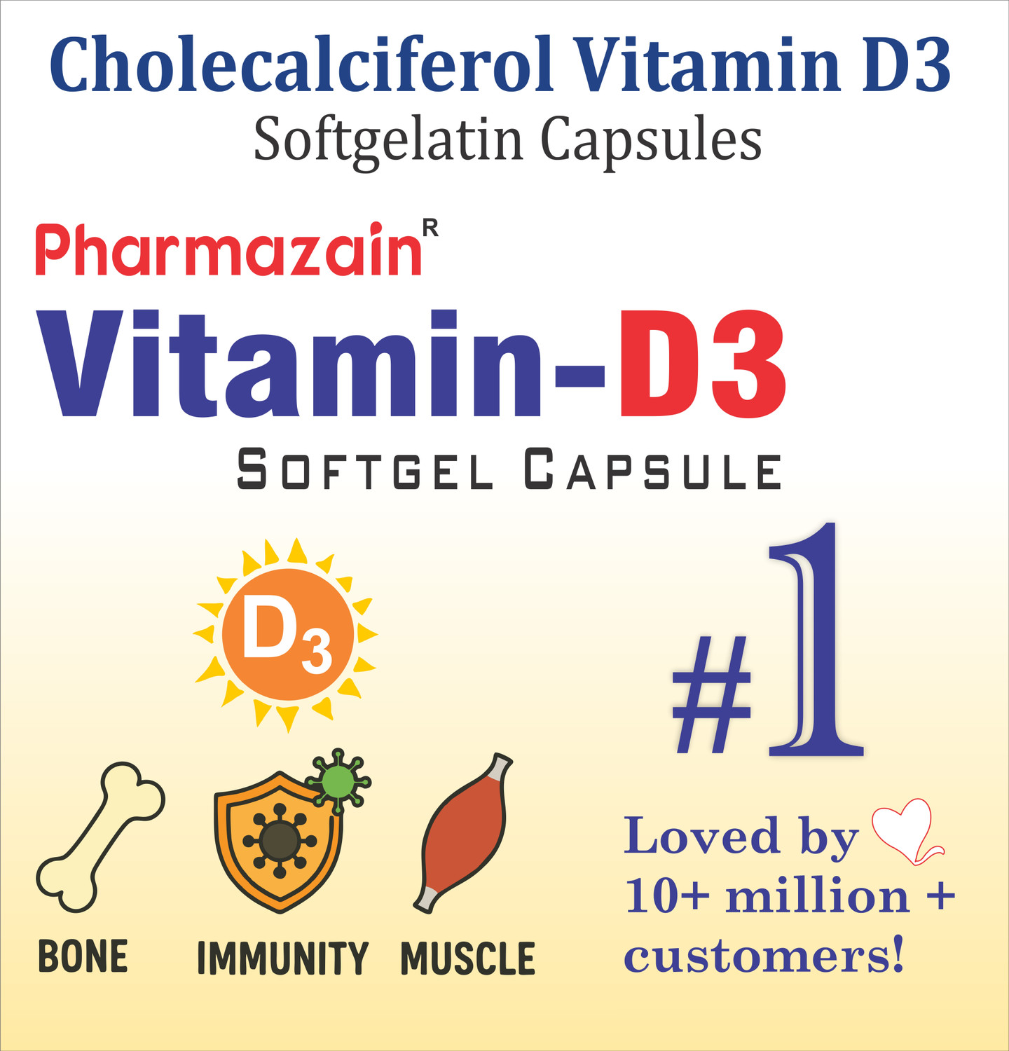 Image of PHARMAZAIN LIFE SCIENCES Vitamin D3 Softgel Capsule for Bone Joint Mental Health Heart Pack Of 40 Capsule