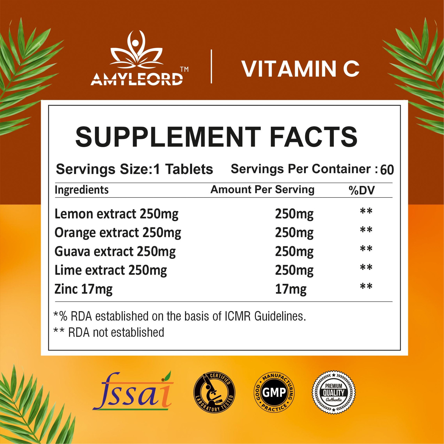 Image of Amyleord Natural Vitamin C Tablet Amla ,orange Extract With Zinc For Immunity & Skincare