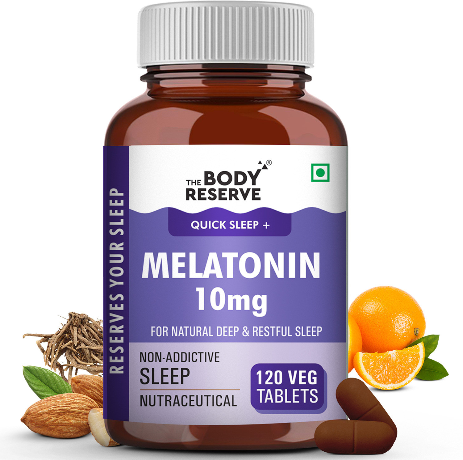 Image of THE BODY RESERVE Melatonin 10mg (120) Tablets for Natural Deep Sleep, Muscle & Nerve Relaxation.