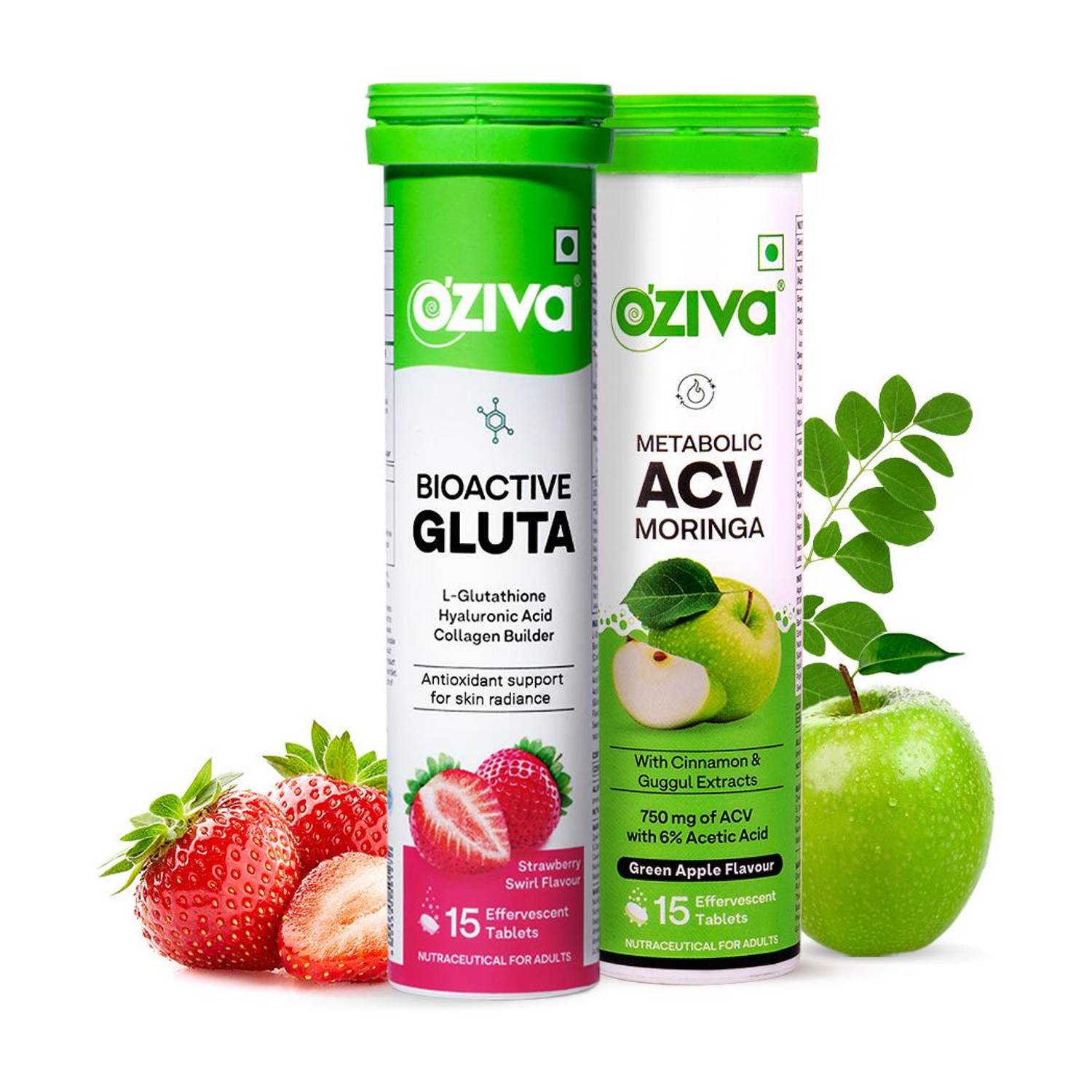 OZiva Bioactive Gluta Fizzy (Strawberry) & ACV Moringa(Green Apple)To Control Cravings Price in India