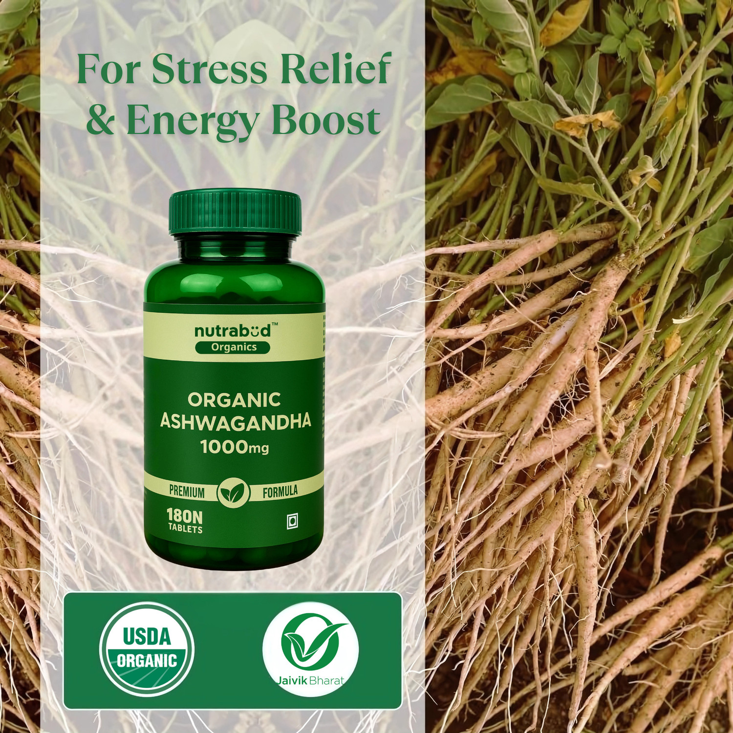 Image of Nutrabud Organics Ashwagandha 1000mg - Supports Strength, Energy & Stress Relief