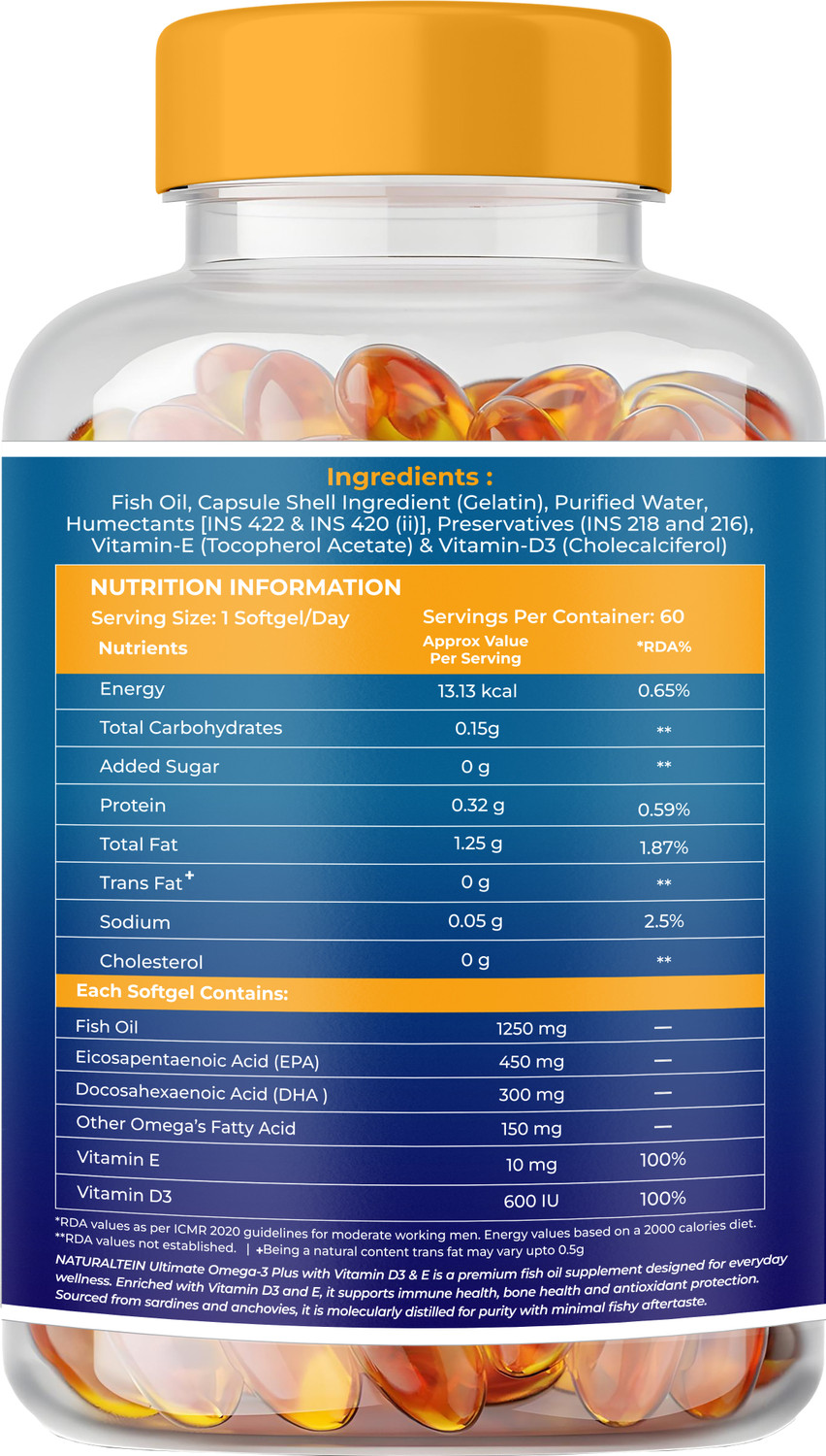 Image of NATURALTEIN Ultimate Omega-3 plus 1250mg |450mg EPA & 300mg DHA with Vitamin D3 and E