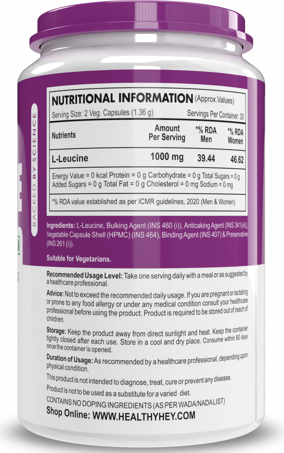 Image of HealthyHey Nutrition L-Leucine Capsule 1000mg Per Serving 60 Capsules