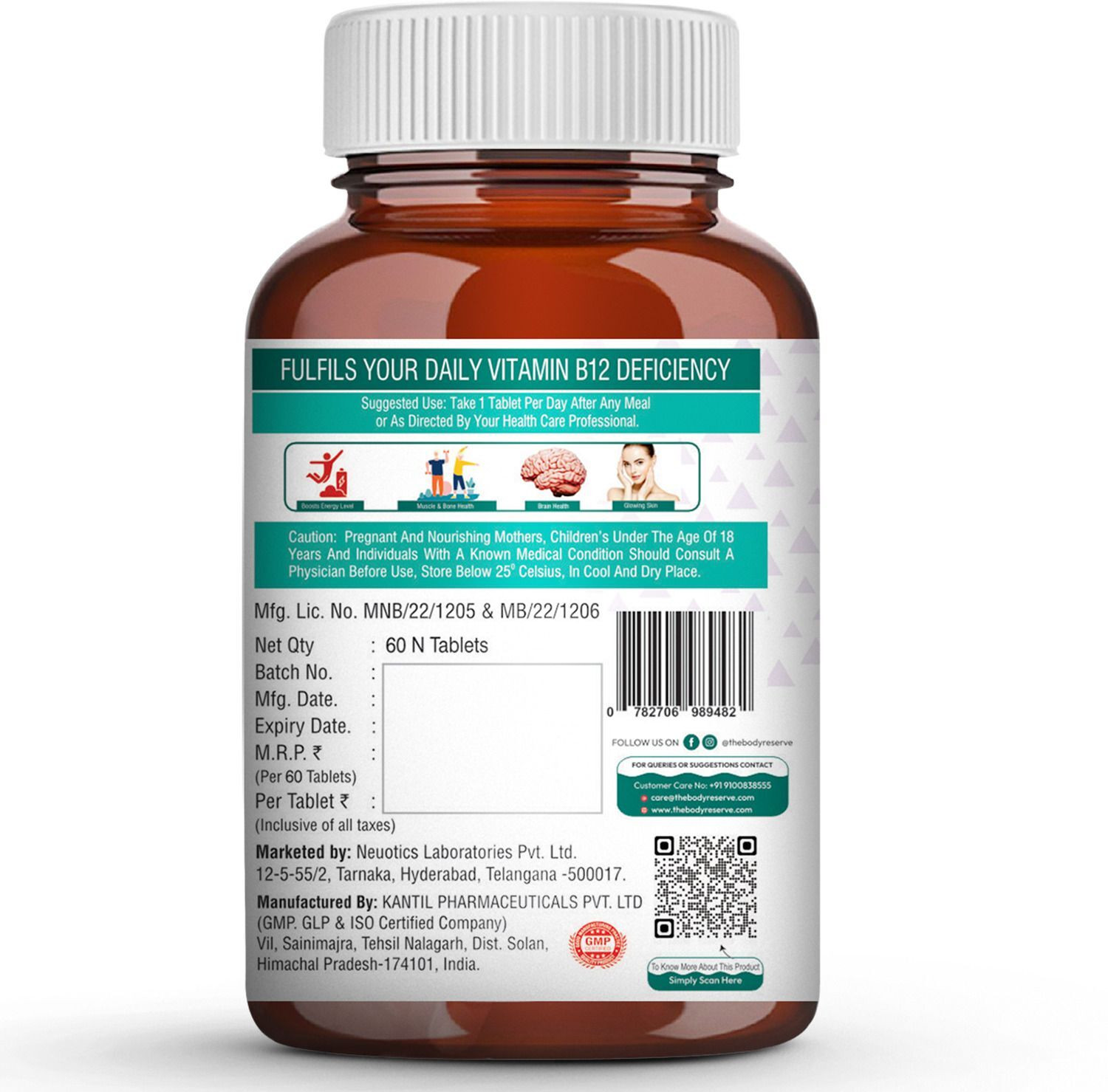 Image of THE BODY RESERVE Vitamin B12 Tablets 1500 mcg as Methylcobalamin Supplements for Men & Women(60)