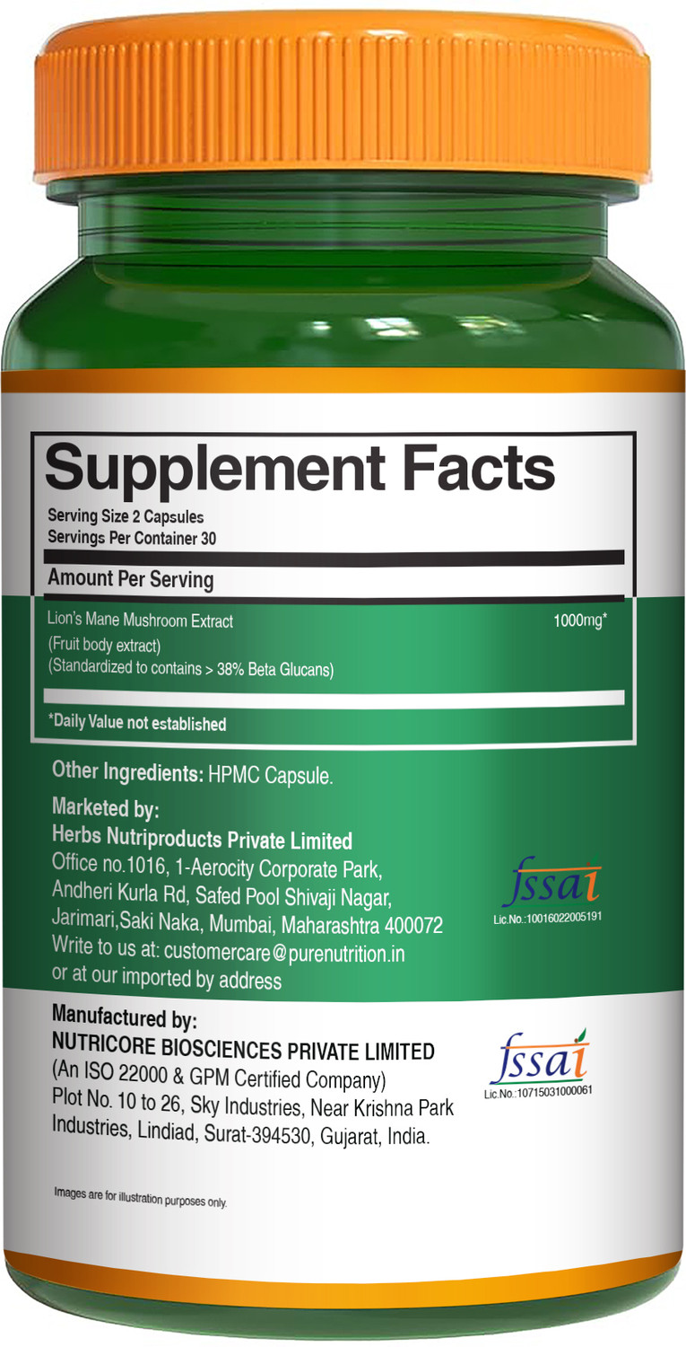 Image of Pure Nutrition Lion's Mane Mushroom Extract 1000 mg | Brain, Memory & Nerve Health