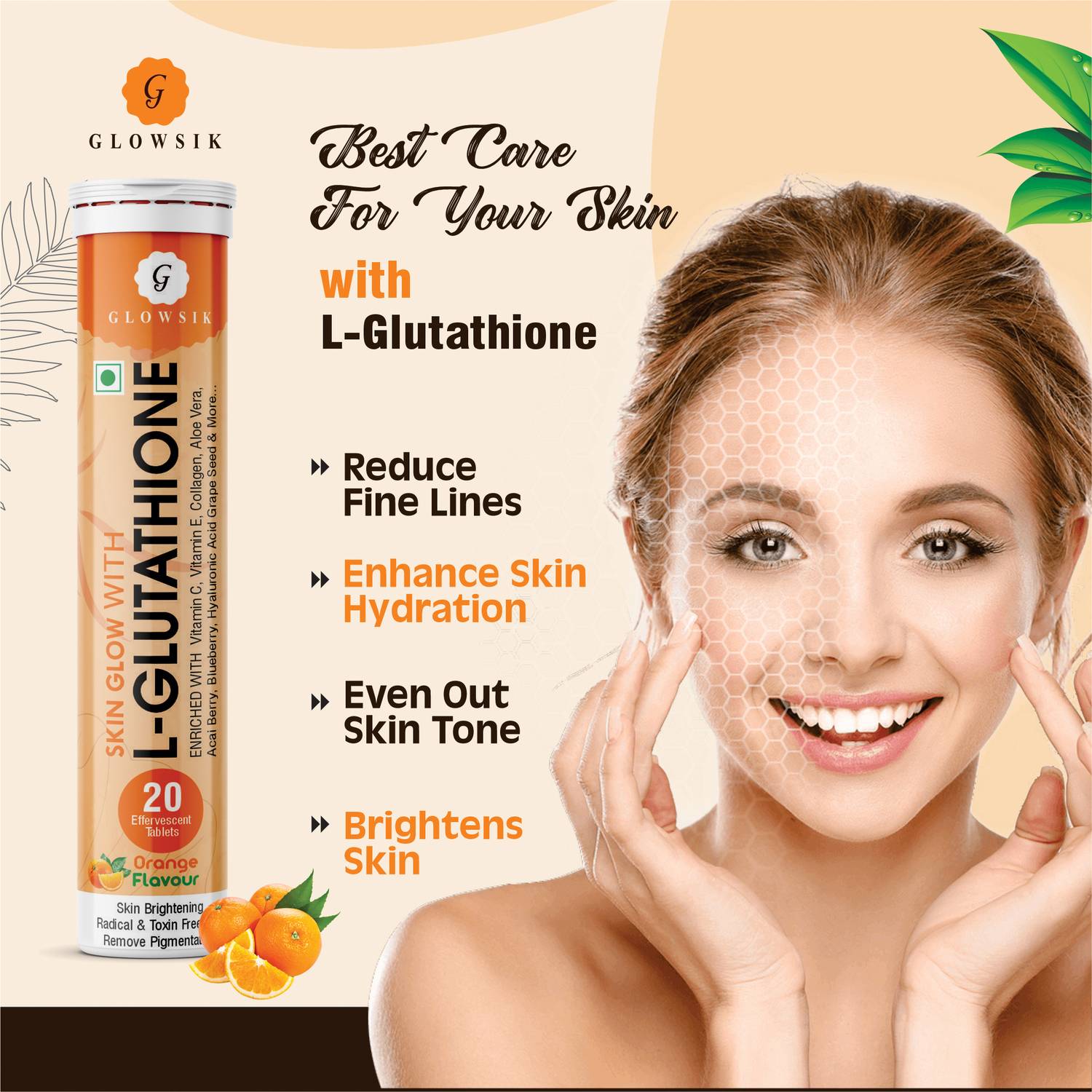 G GLOWSIK Glutathione Skin Glow 20 Effervescent Tablet Healthy Glowing skin with collagen