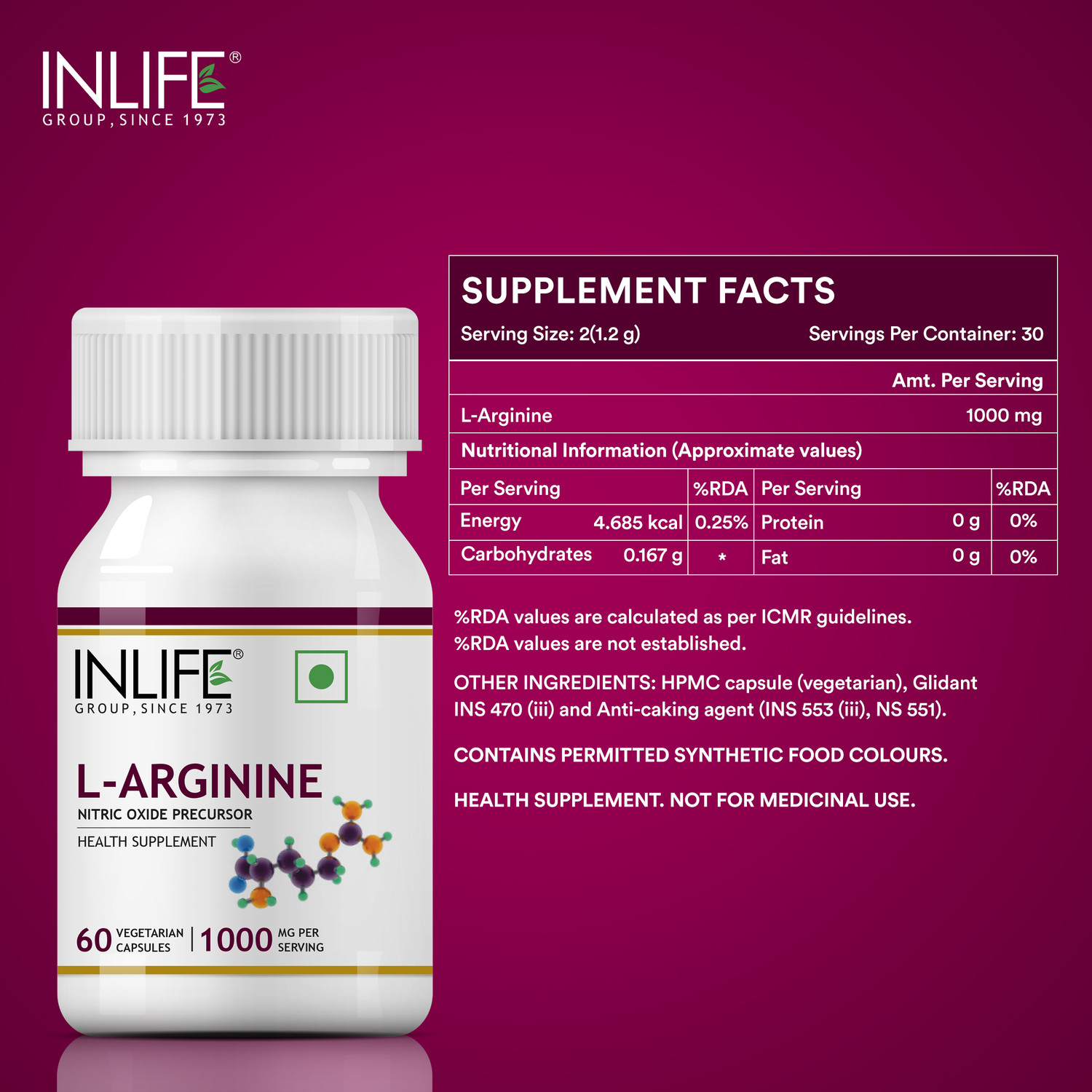 Image of INLIFE L-Arginine 1000mg (60 Vegetarian Capsules) Serving, Nitric Oxide Precursor