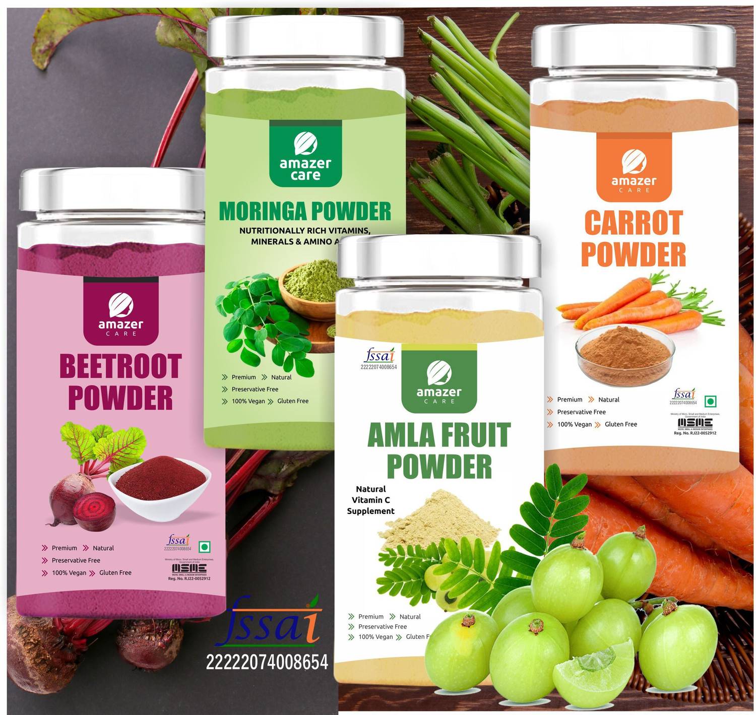 Amazer Care Beetroot+Carrot+Amla+Moringa Powder-Natural Superfood, Immunity Booster