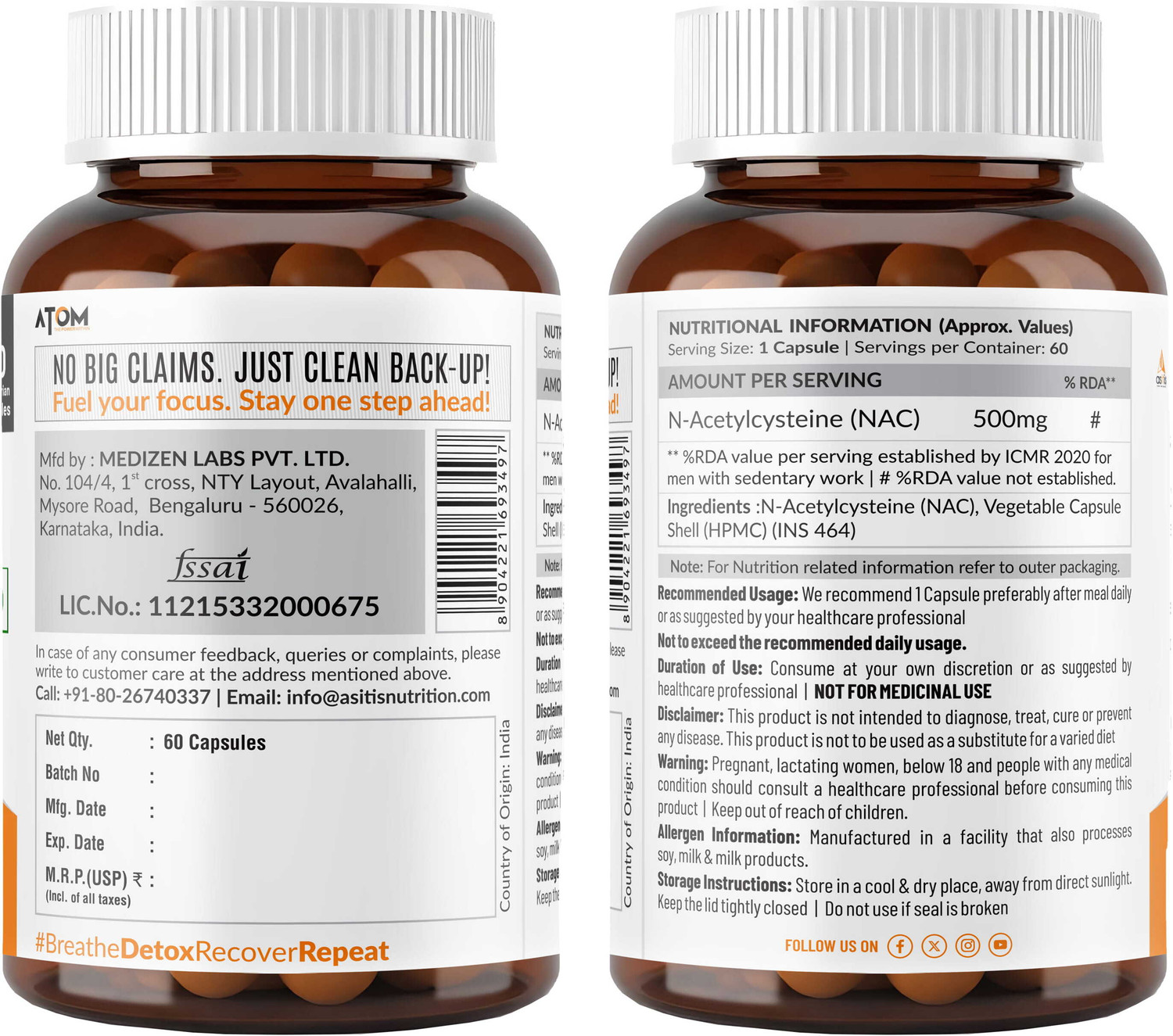 Image of AS-IT-IS Nutrition ATOM NAC (N-Acetylcysteine) 500mg I Antioxidant Support for Overall Health