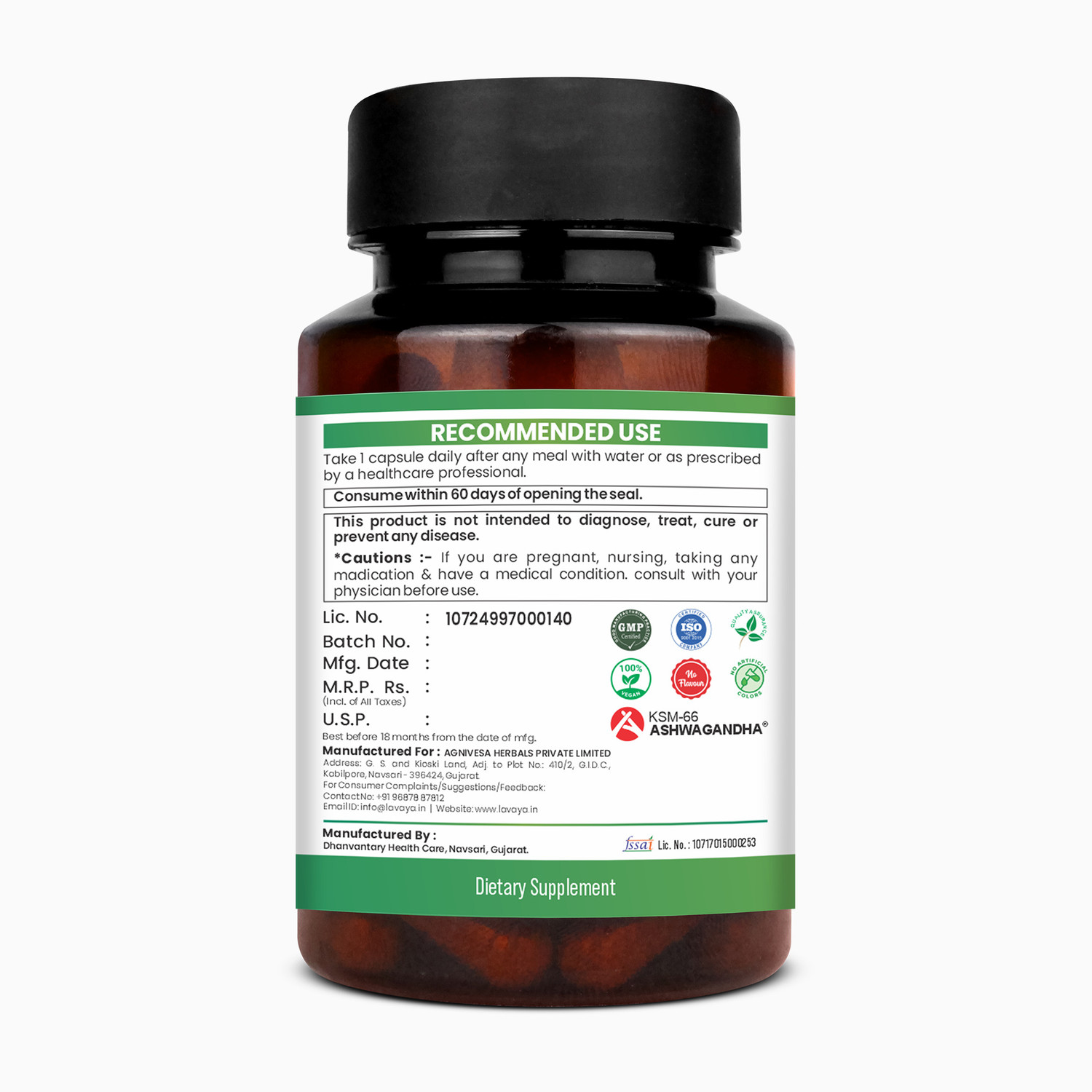 Image of Lavaya Ashwagandha KSM-66 | Support Strength & Energy| Stress Relief | Vegan