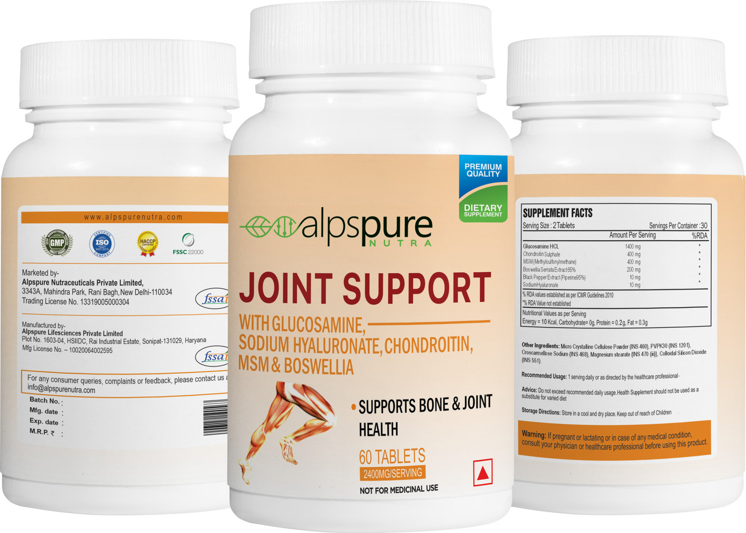 Image of ALPSPURE Joint Support With Glucosamine Sodium Hyaluronate, MSM & Boswellia 120-Teb