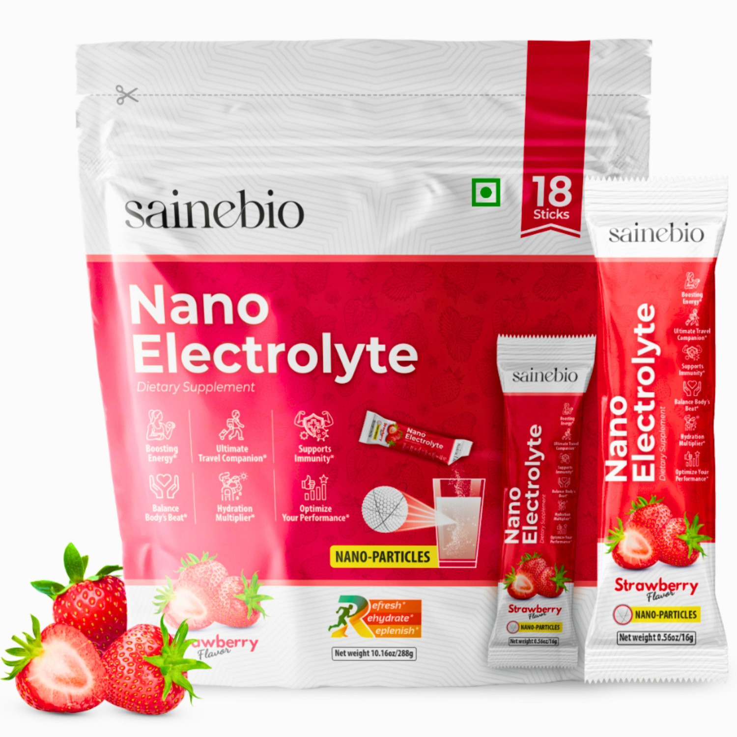 Image of sainebio Nano Electrolyte Powder - Strawberry Flavour - 18 Sachets (16g Each)