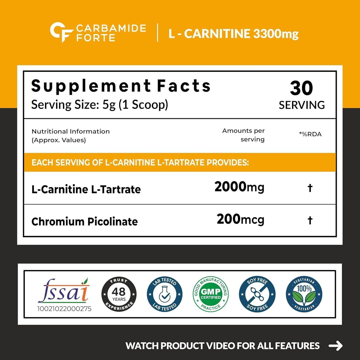 Image of CARBAMIDE FORTE L-Carnitine L-Tartrate Powder Post & Pre Workout Supplement - 2000mg