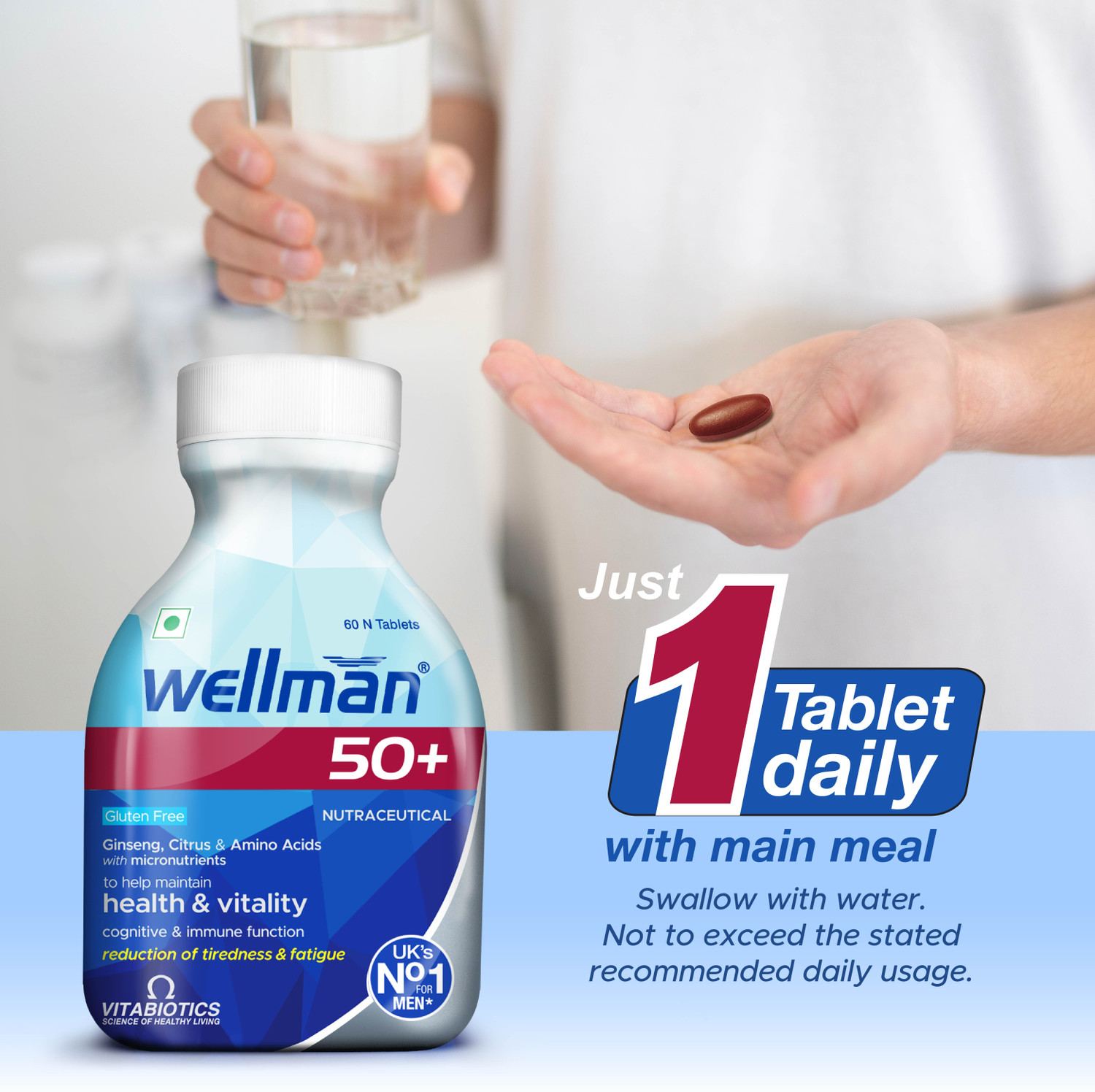 Image of wellman 50+ Multivitamin for Men | Ginseng, Amino Acids | Vitality & Immune Support