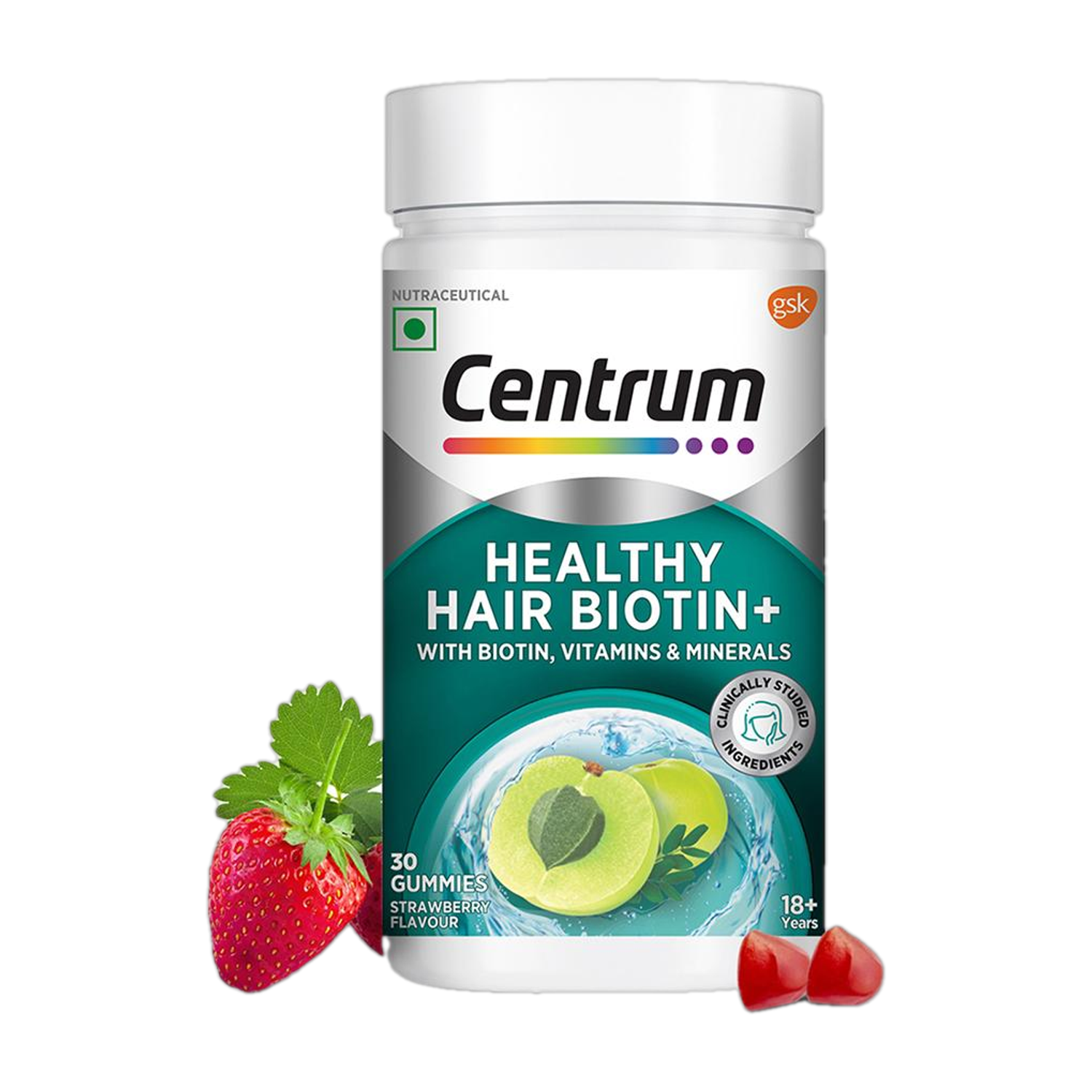 Centrum Healthy Hair Biotin+| 30 Gummies | 100% RDA of , Amla, Vitamins,Minerals