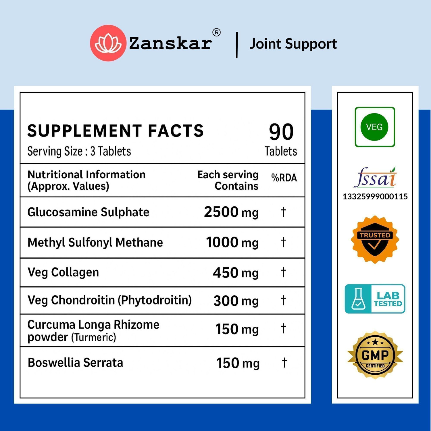 Image of Zanskar Joint Pain & Cartilage Support Tablet (4500mg) with Glucosamine | 100% Veg