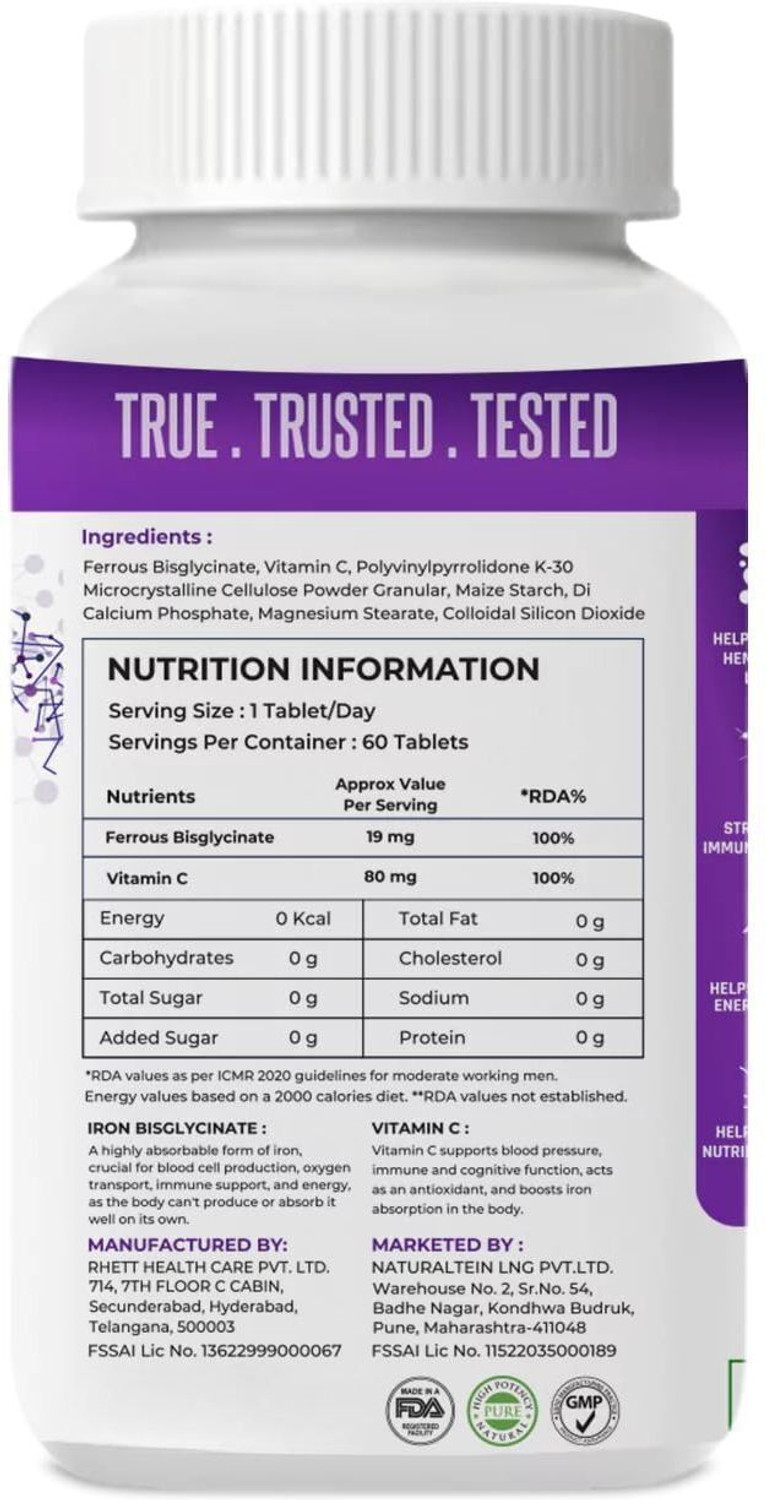 Image of NATURALTEIN Iron Bisglycinate with Vitamin C for Men| Clean & Additive-Free