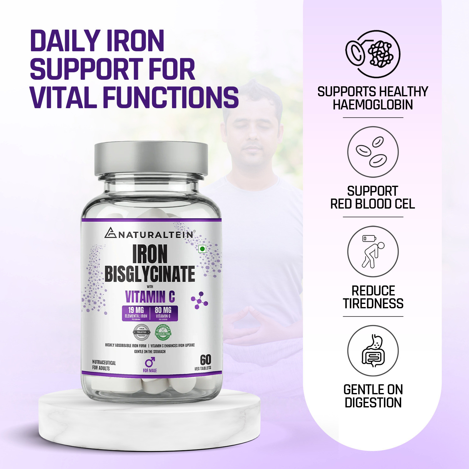 Image of NATURALTEIN Iron Bisglycinate with Vitamin C for Men| Clean & Additive-Free
