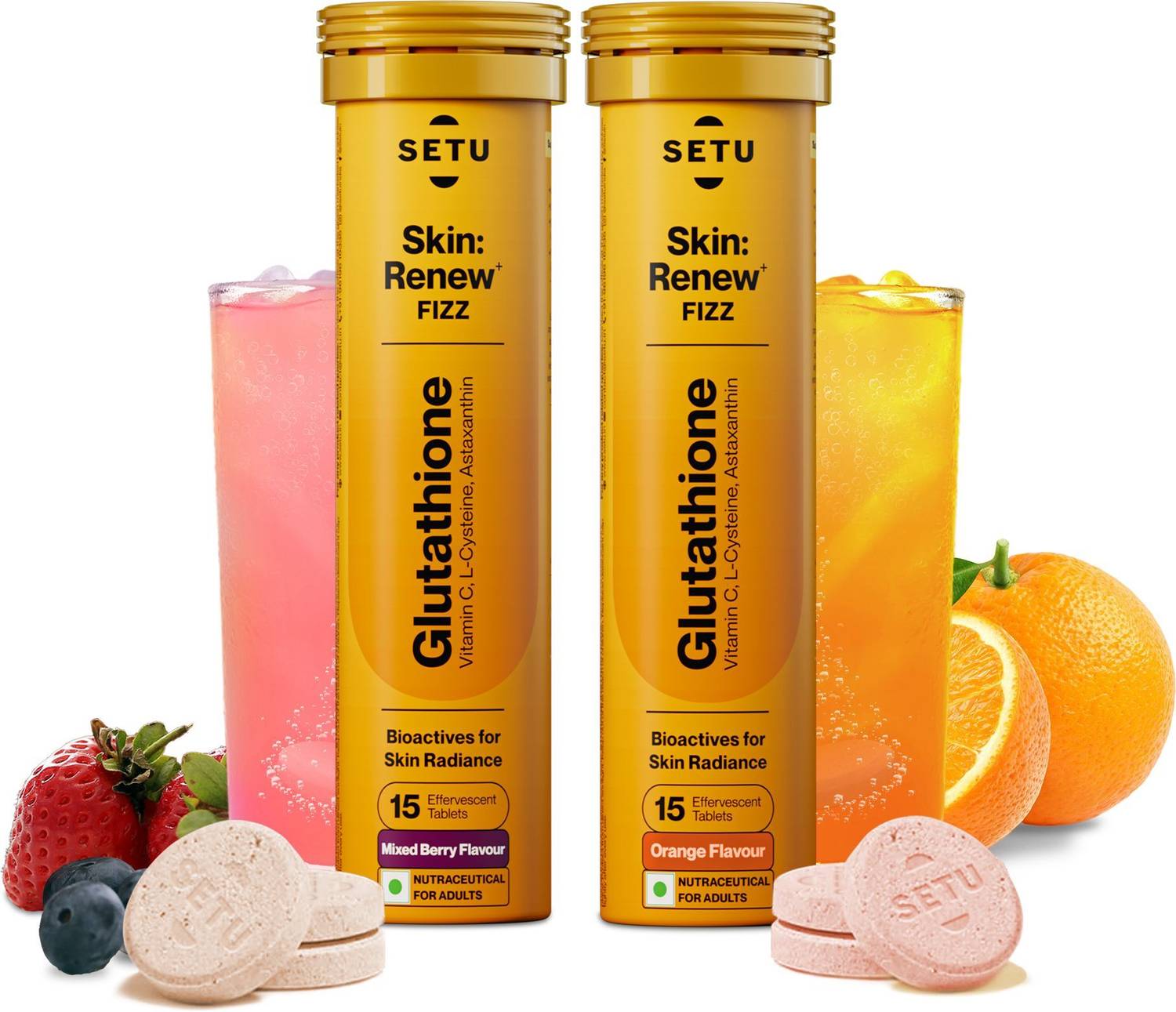 SETU Skin Renew Glutathione 500mg Tablets with Vitamin C Mixed Berry & Orange Combo SETU Skin Renew Glutathione 500mg Tablets with Vitamin C Mixed Berry & Orange Combo