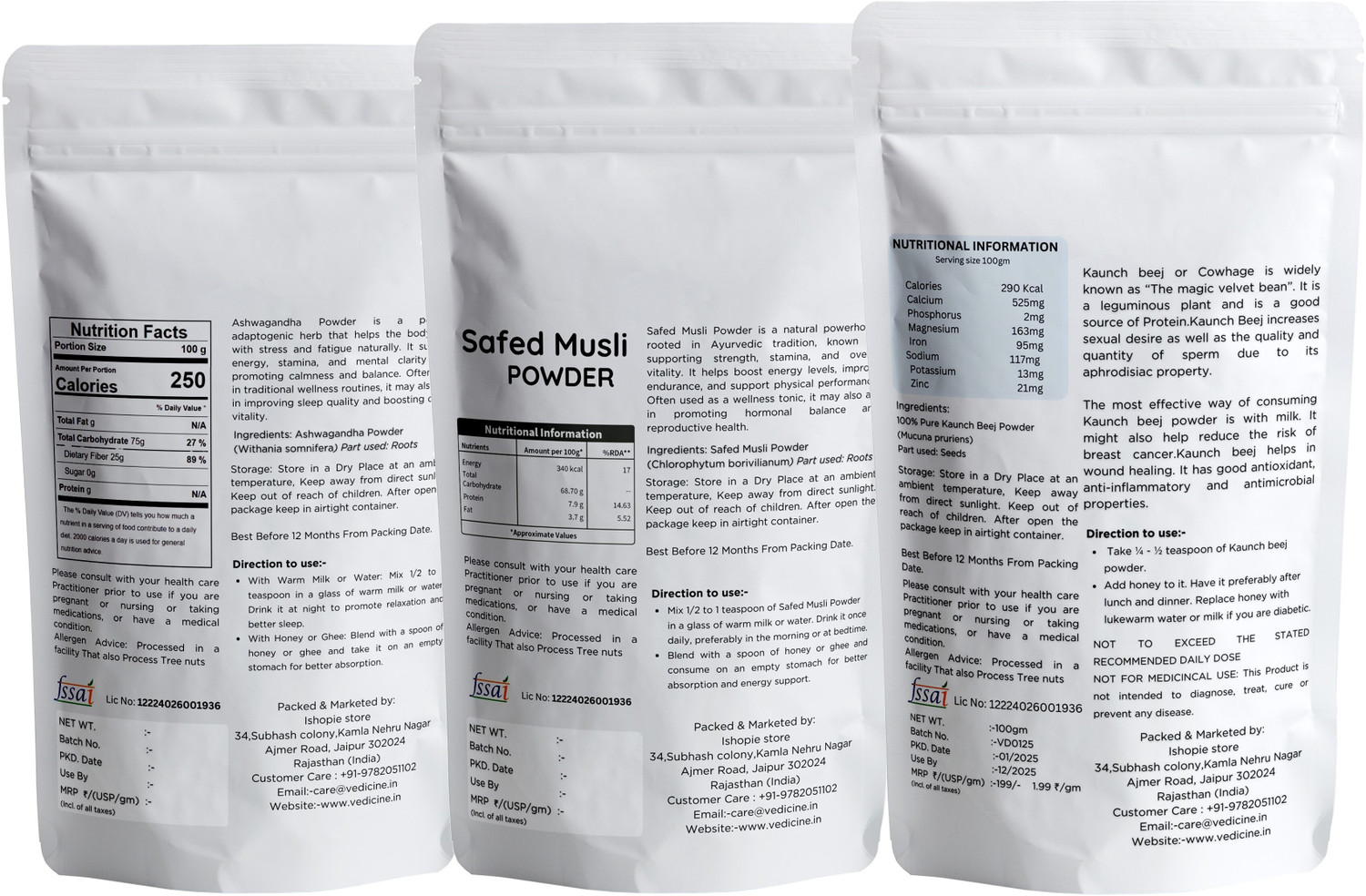 Image of VEDICINE Natural Ashwagandha Safed Musli Kaunch Beej Konch Seed Powder Churna