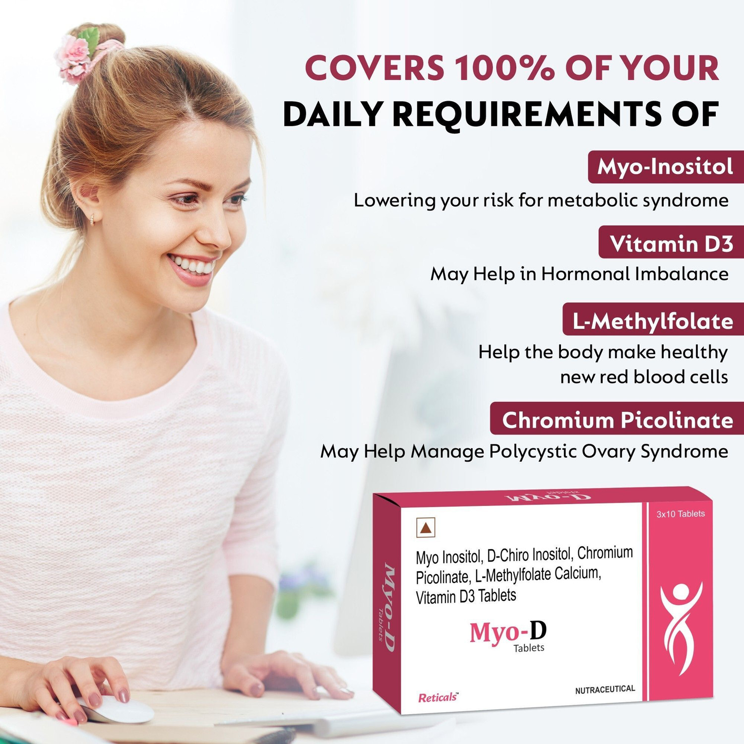 Image of Reticals PCOS, PCOD management for women | Myo-inositol,D-Chiro Inositol,(Pack of 30)