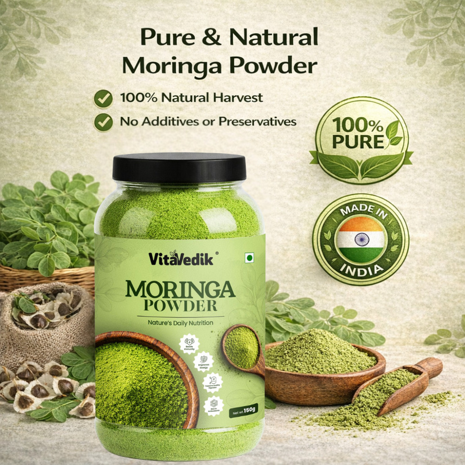 Image of VitaVedik Moringa Powder 100% Pure & Natural Superfood | Rich in Vitamins, Iron & Calcium