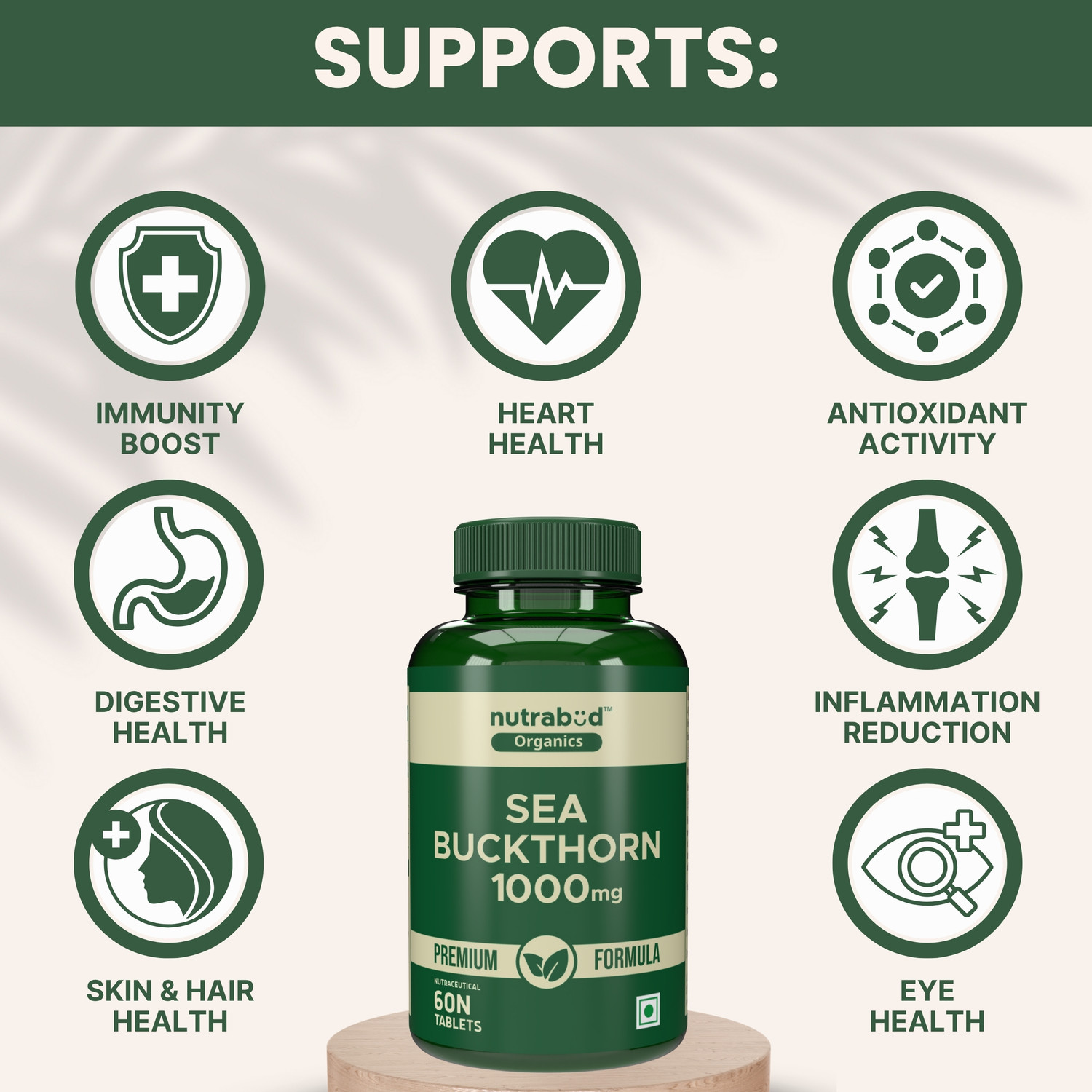 Image of Nutrabud Organics Sea Buckthorn 1000mg - For Immunity, Skin Glow, Heart Health & Detox