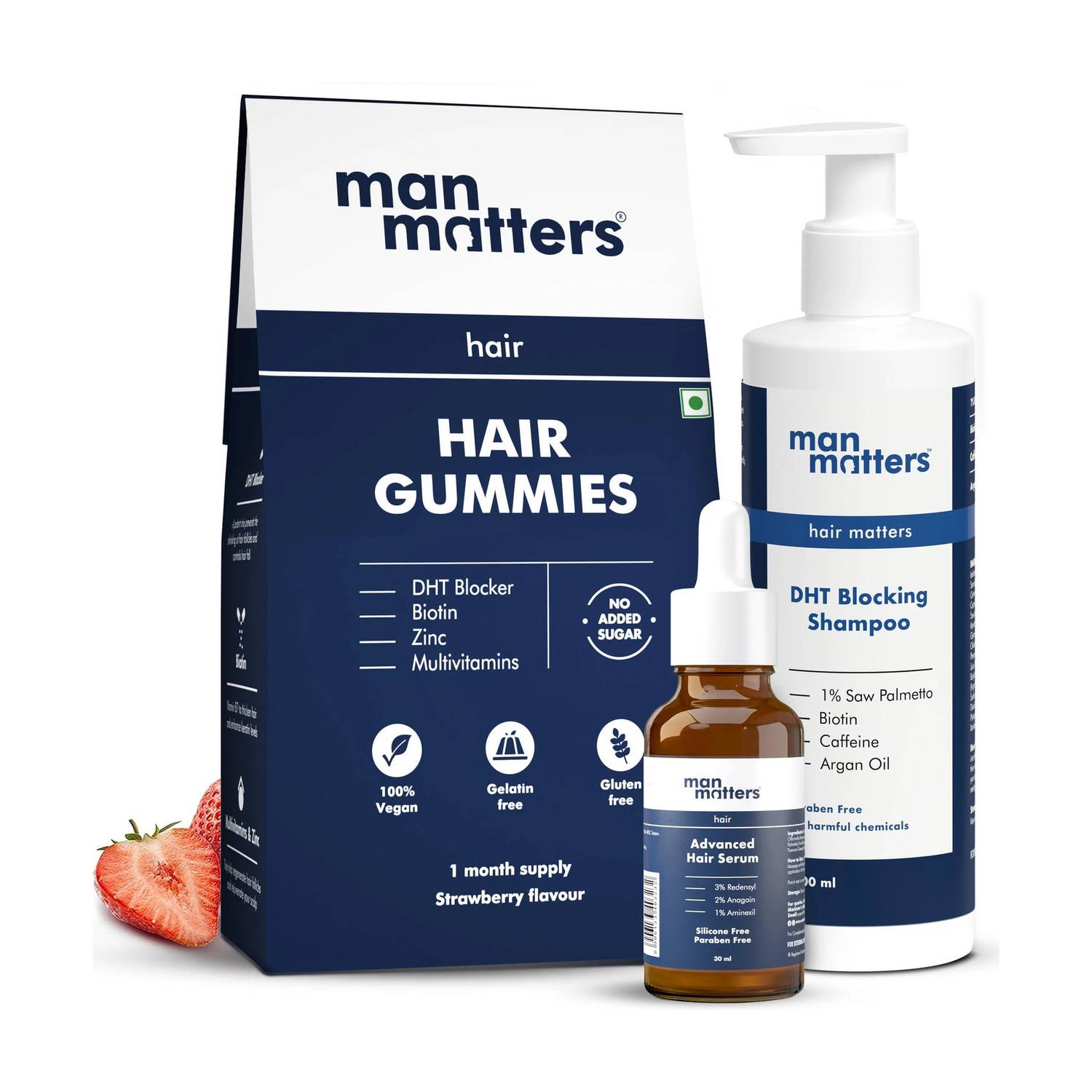Man Matters Biotin Gummies, Serum & Shampoo Combo 30N, 30ml, 200ml - Image 1
