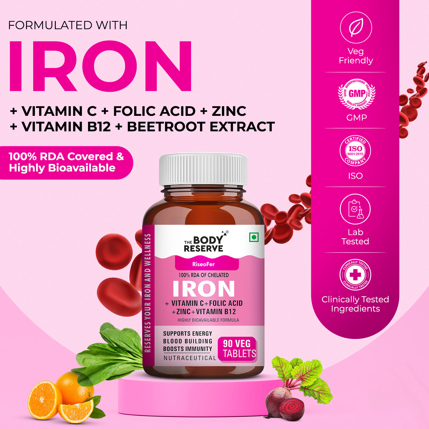 Image of THE BODY RESERVE Chelated Iron Tablets for Women & Men with Folic Acid | Iron Supplement,B12,Zinc