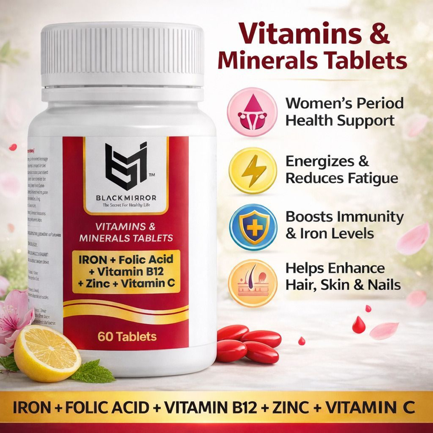 Image of Black mirror Iron Folic Acid VIT C B12 Zinc | Women's Health & Period Support