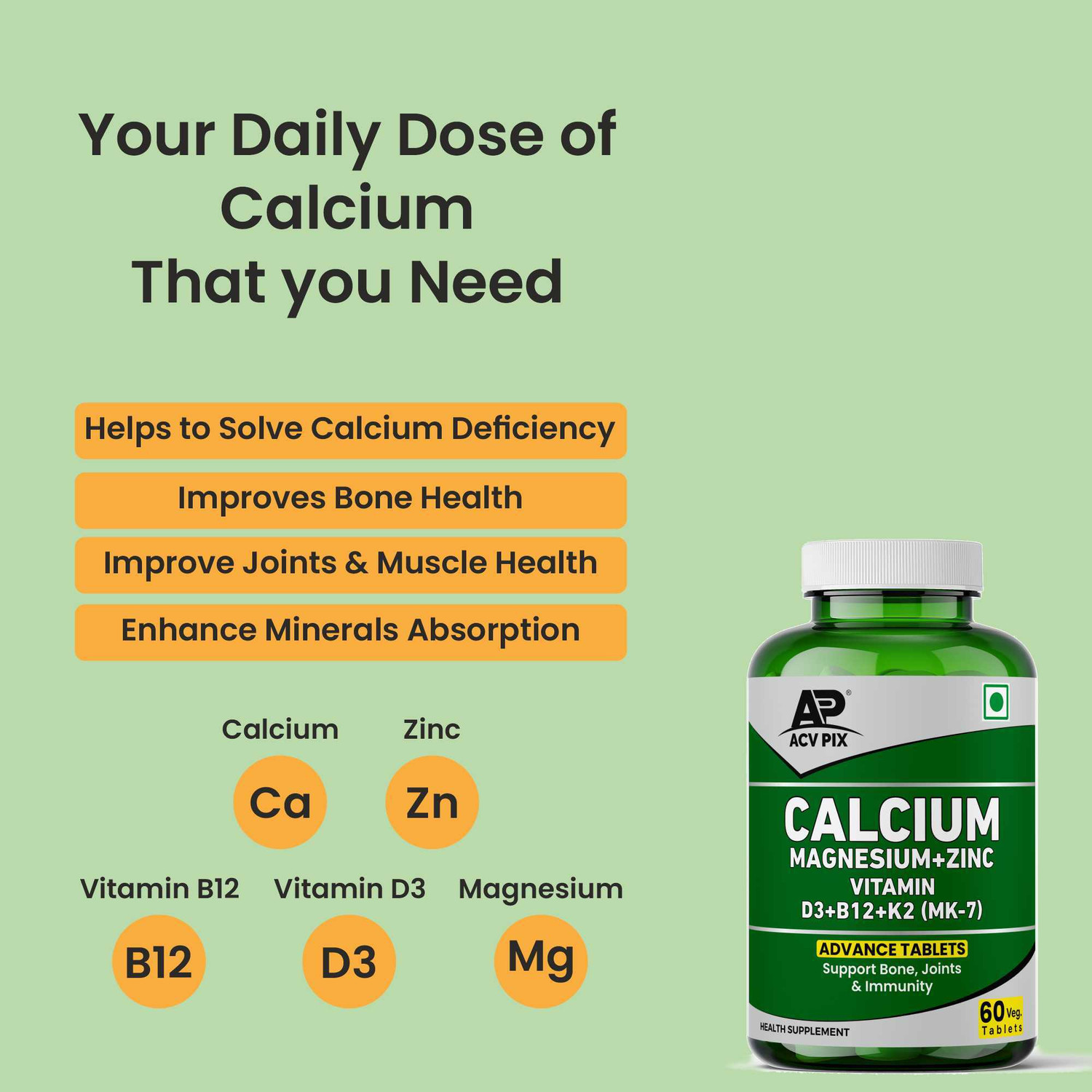Image of acv-pix calcium magnesium zinc tablet for Women & Men | strong bone