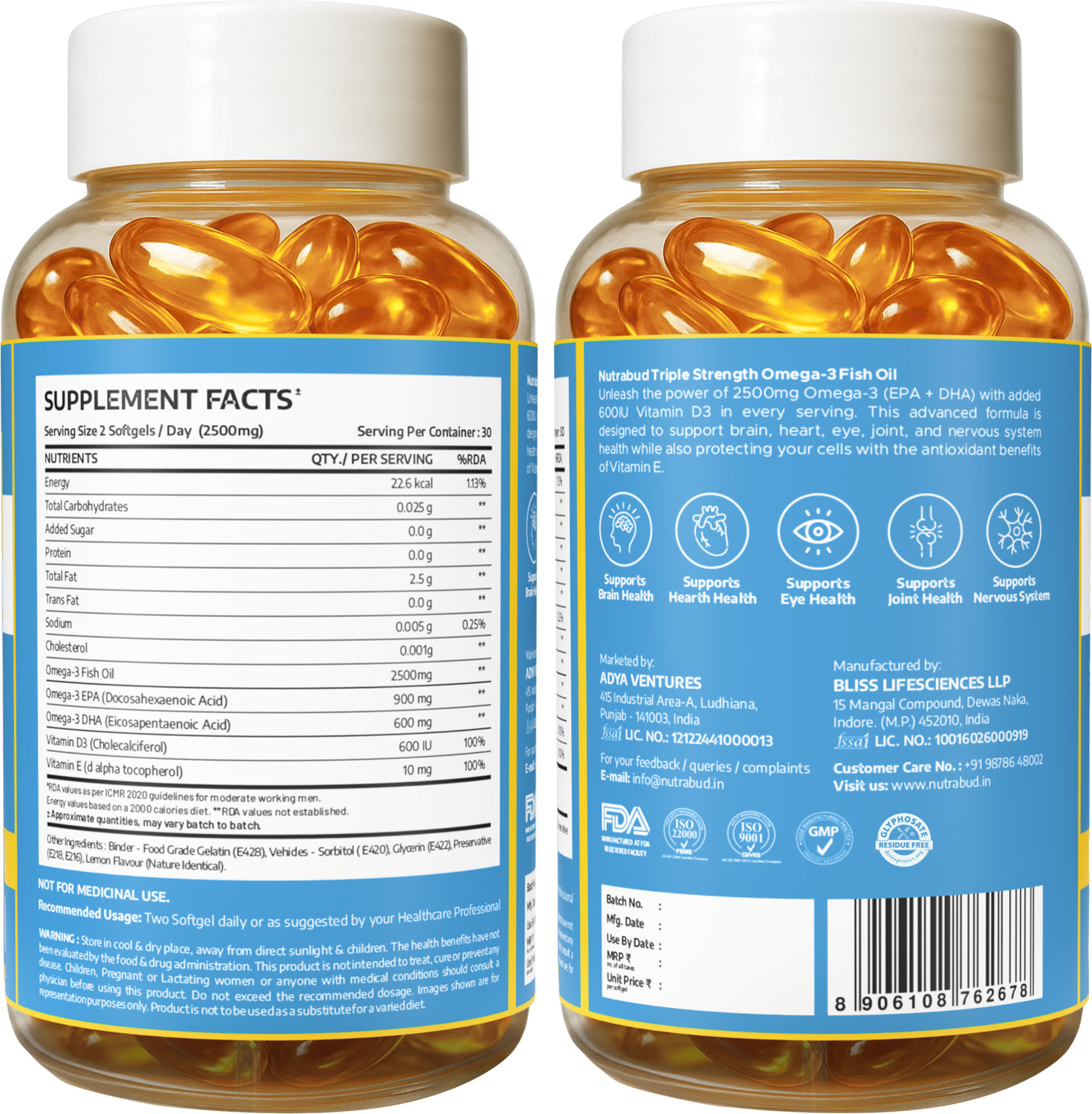 Image of Nutrabud Omega 3 Fish Oil 2500mg - Triple Strength - EPA:900mg DHA:600mg