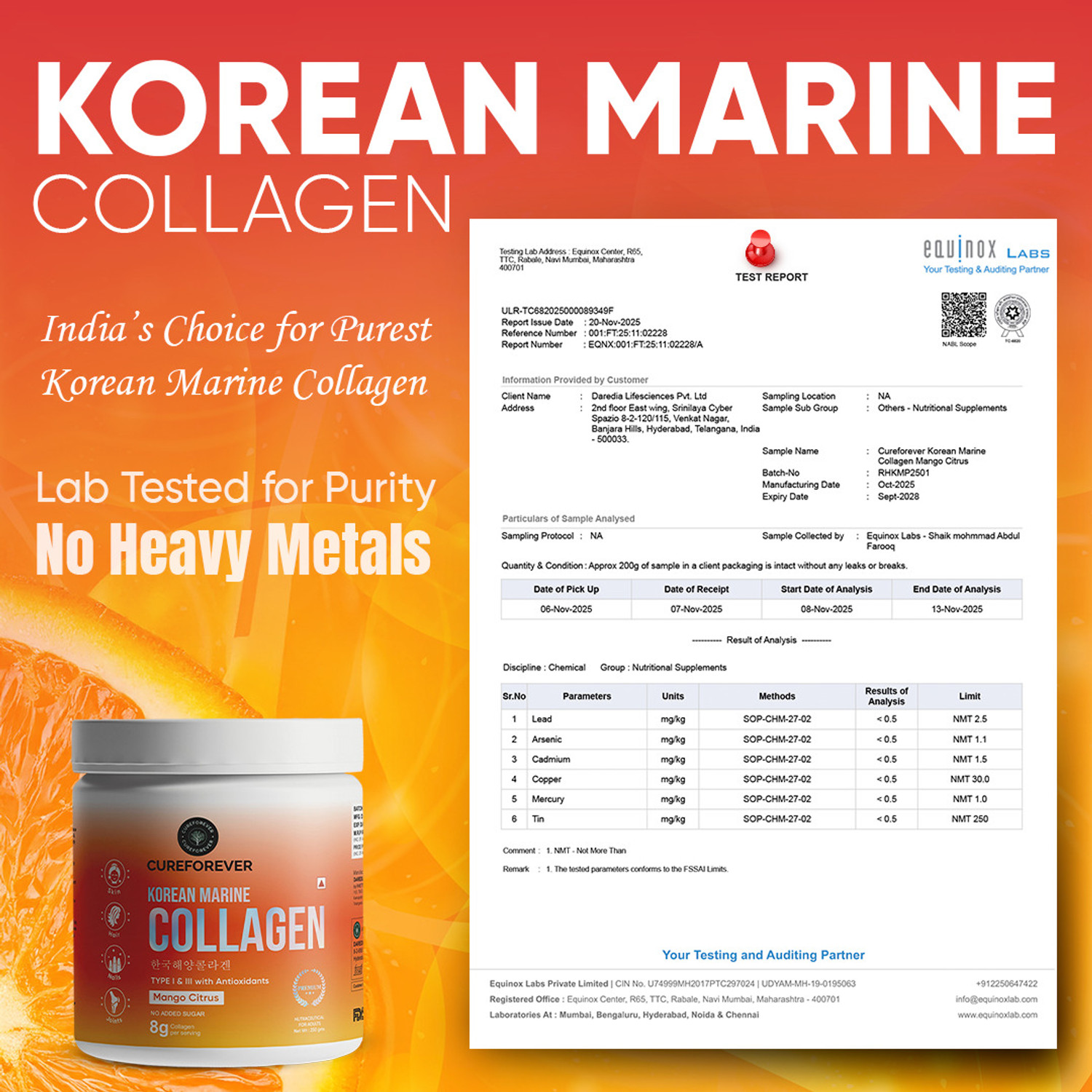 Image of CureForever Korean Marine Collagen Supplement Hydrolyzed Collagen Powder Mango Citrus Flavor