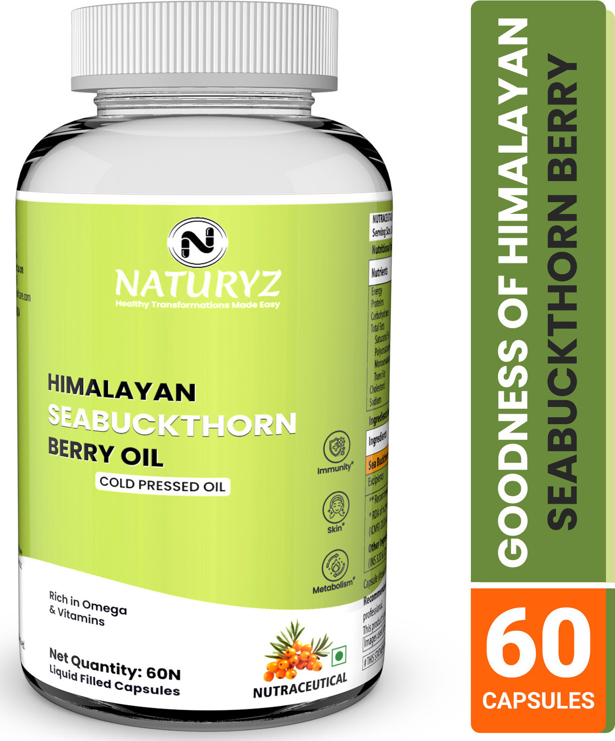 Image of NATURYZ Himalayan Sea buckthorn berry oil Omega 3-6-7-9 | Vitamin C & E | Veg Capsules