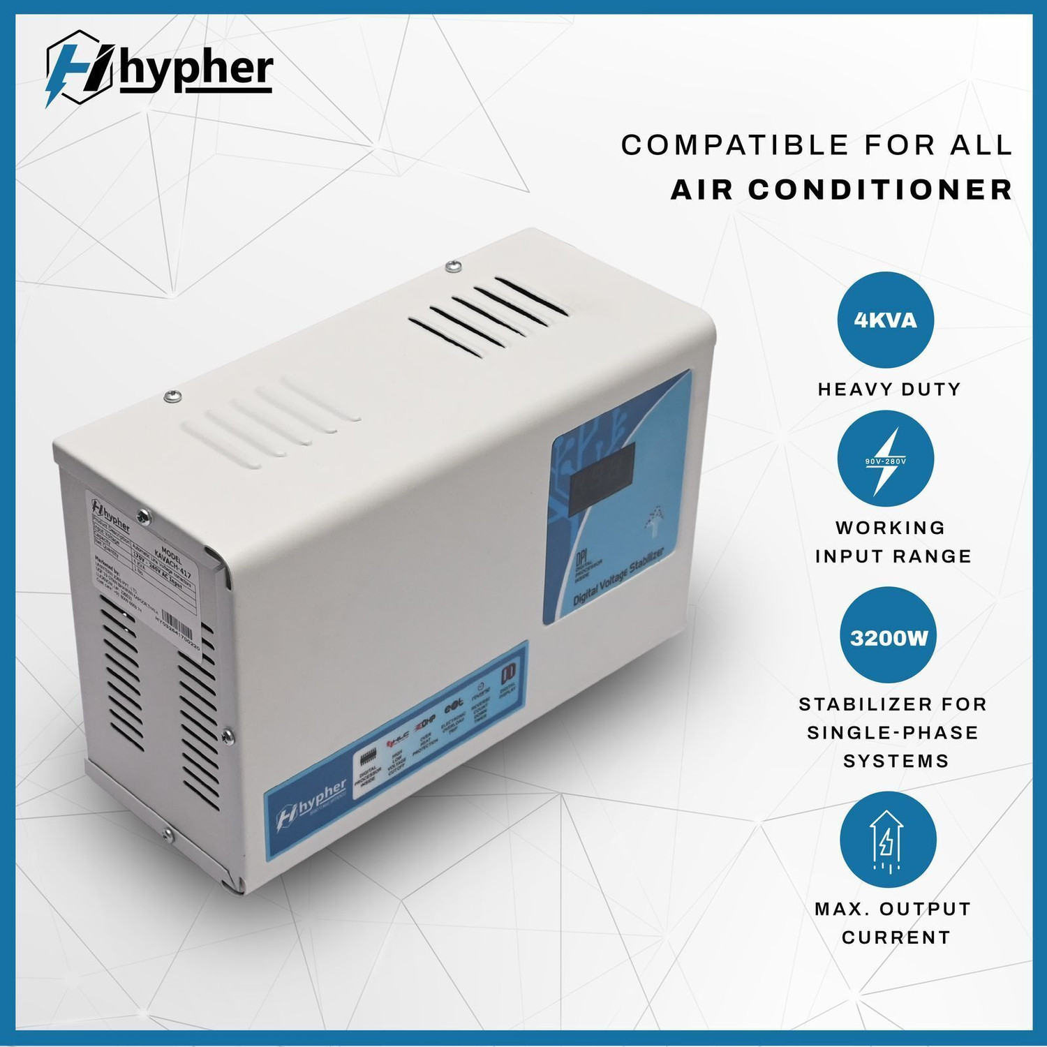 Image of Hypher 4 KVA 120V-280V 3200W Digital Voltage Stabilizer for Upto 1.5 Ton AC KVA 120 V-280V 3200W Digital Voltage Stabilizer for Upto 1.5 Ton AC