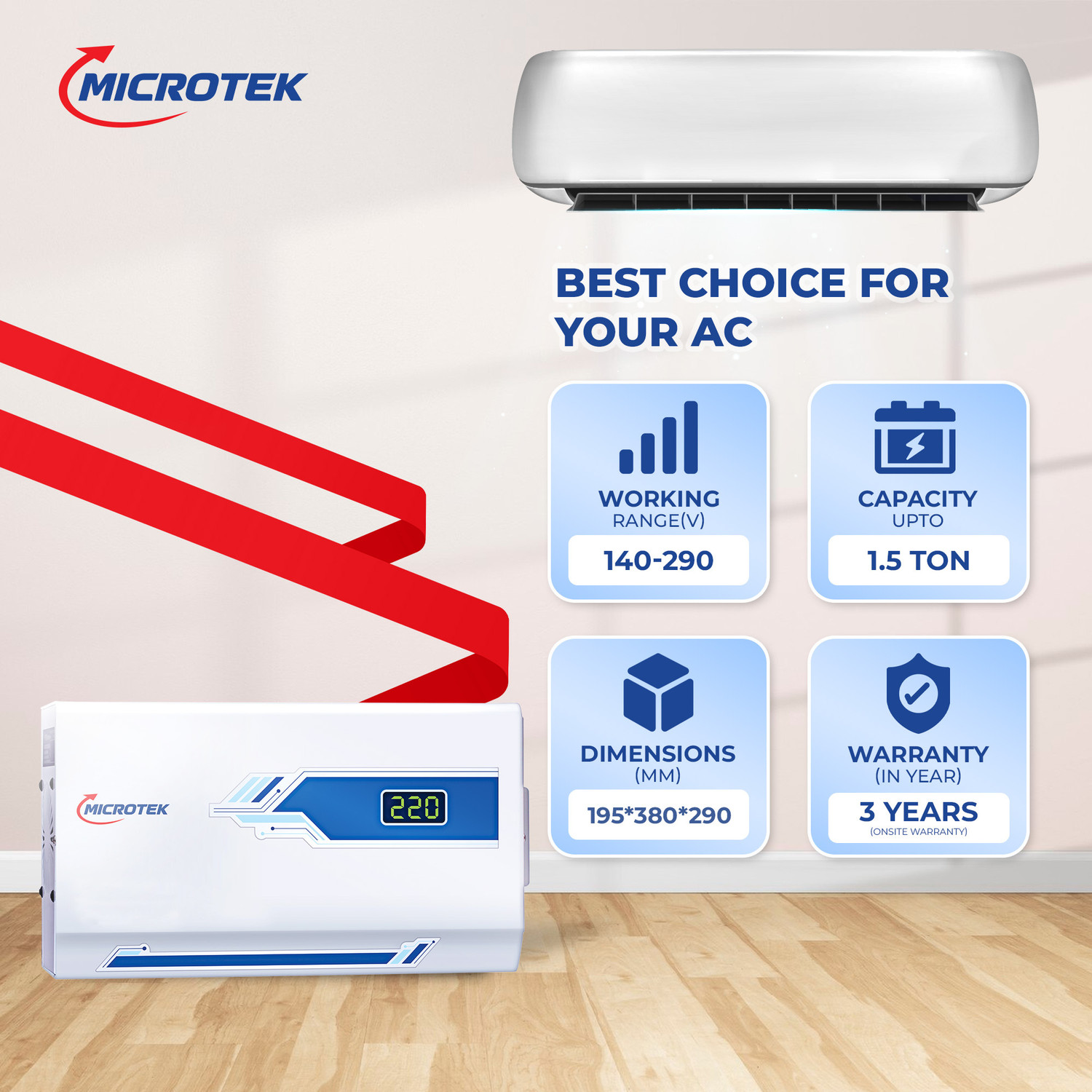 Image of Microtek PEARL EM4140+ Automatic Voltage Stabilizer for AC up to 1.5 Ton Working Power140V-290V