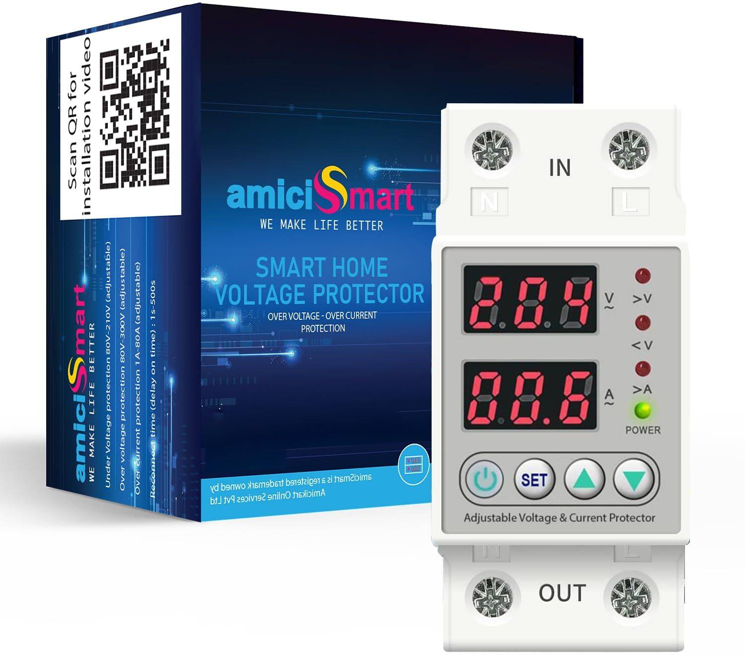 amiciSmart Automatic Over/Under Voltage (Adjustable Setting) Protection with Auto Re-Connect LED Display Standard Din-Rail Mounted Single Phase 220V, 63A Voltage Protection