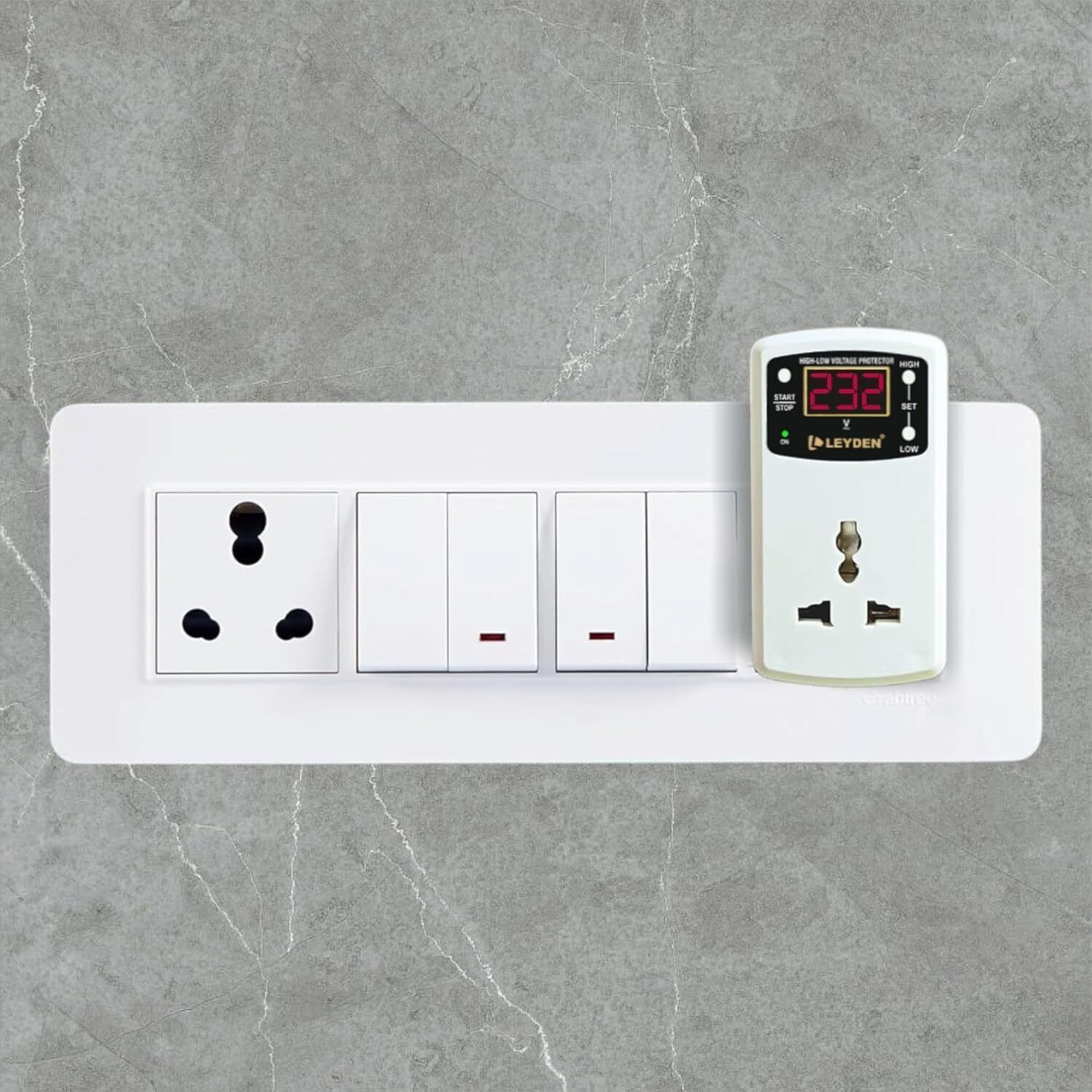 Image of Leyden LE-LVP 6A, 220VAC, Digital Under-Over Voltage Protector Plug Socket, Adjustable Hi-Low Voltage Cut off Auto Re-Connect 30 Seconds, for TV, CCTV, FRIDGE, ETC.
