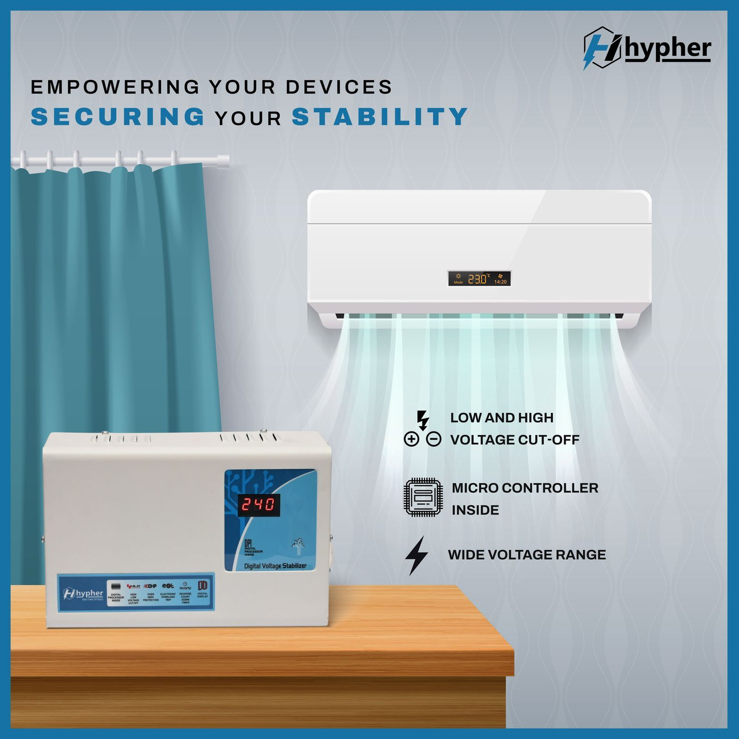 Image of Hypher KAVACH 512 WORKING RANGE 120-280VA HEAVY DUTY FOR 2 TON AC 3 YEAR WARRANT VOLTAGE STABLIZER