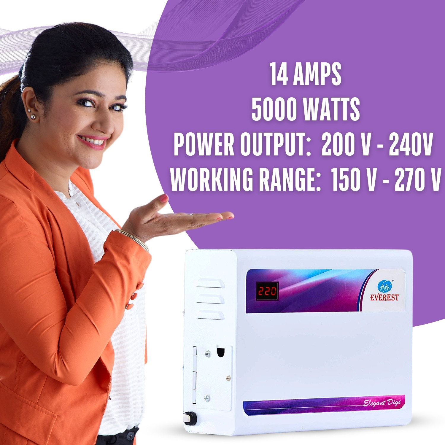 Image of EVEREST 5 KVA Double Booster Elegant Digi Voltage Stabilizer Used Up to 2 Ton AC Input (150 V to 270 V) (White)
