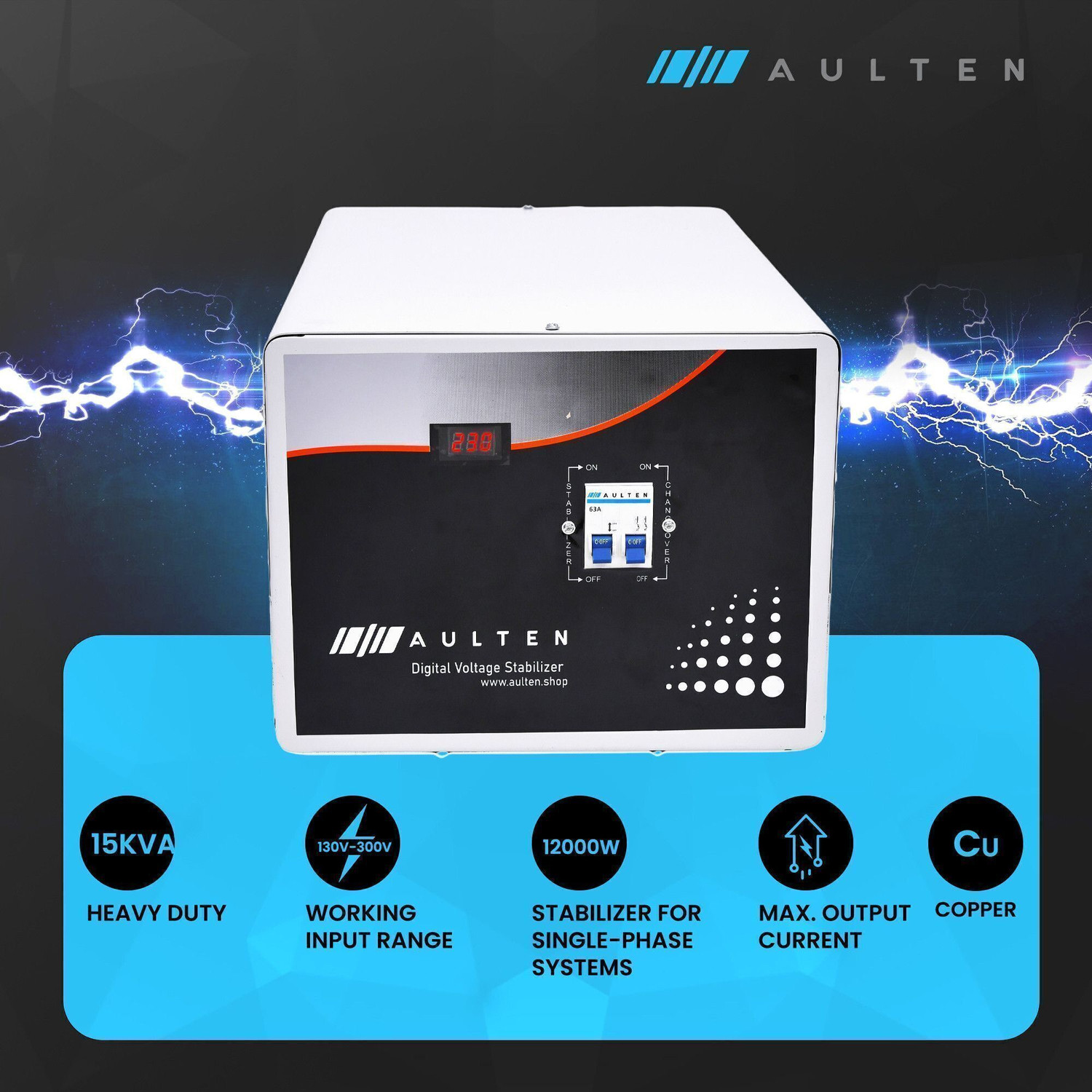 Image of Aulten 15KVA 12000W 130V - 300V COPPER Heavy Duty Mainline Voltage Home Stabilizer