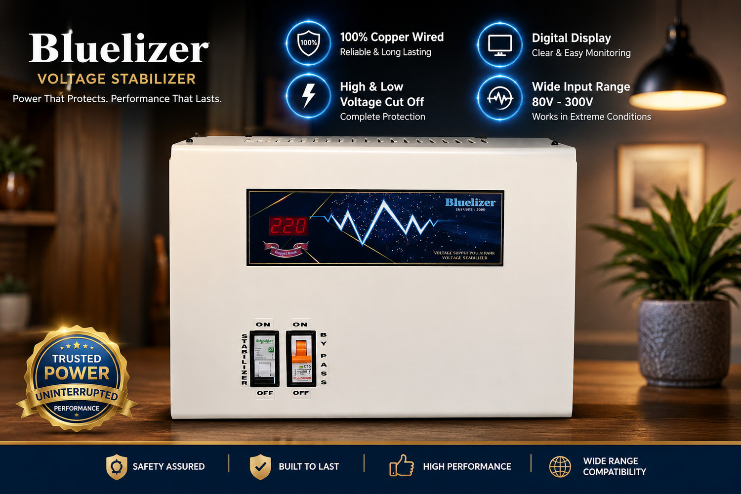 Image of BLUELIZER 5KVA (80- 300) V MAINLINE STABILIZER FOR HOME COPPER WIRED COPPER WIRED|HIGH /LOW CUT OFF|AMPERE METRE|LEGENDARY SERIES|