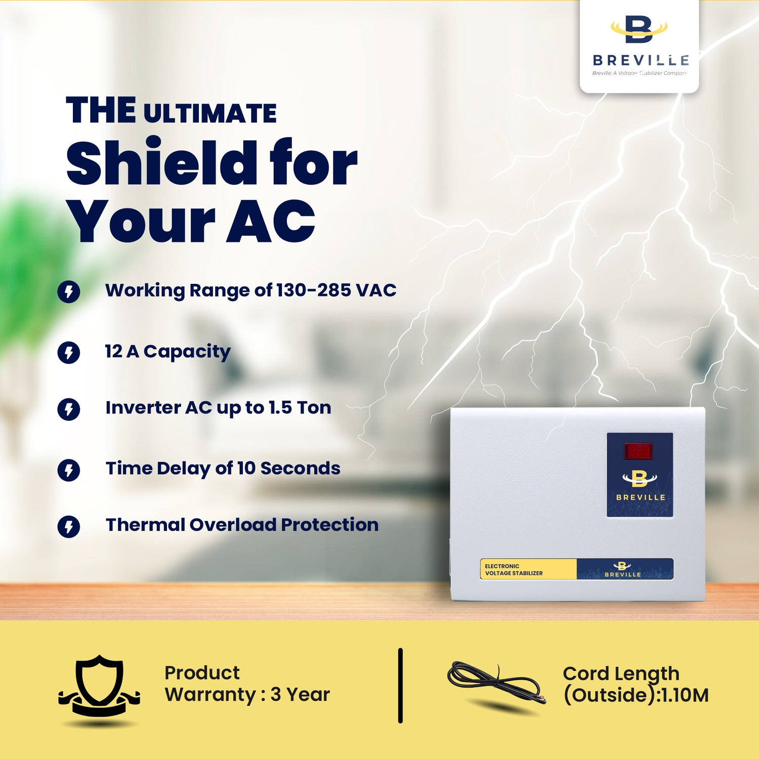 Image of Breville VS4130 4kVA Voltage Stabilizer (130V to 285V) Wide Working Range best for Inverter AC, Split, Windows AC for 1.5 Ton