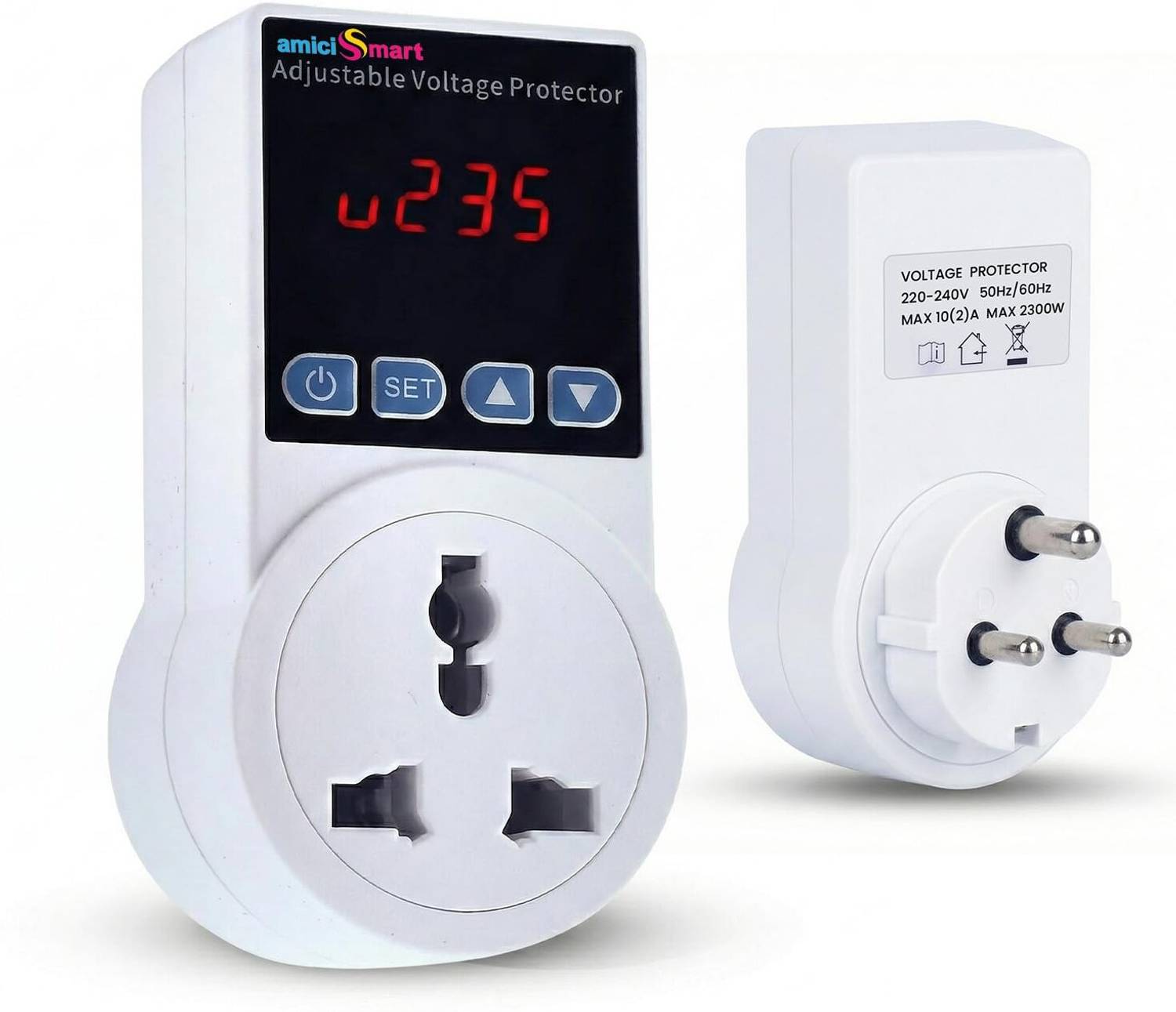 amiciSmart Socket Voltage Protector 140-300V AC, 10A Load, 6A Plug Top, Adjustable & Delay Voltage Guard