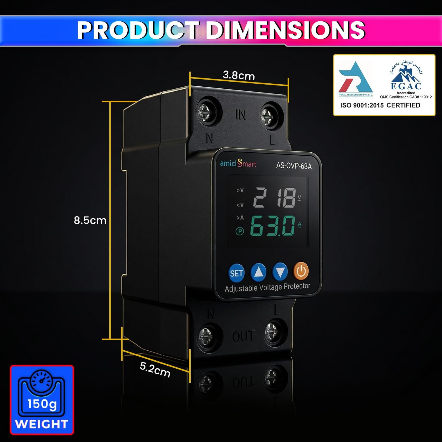 Image of amiciSmart Auto Over /Under Voltage & Overload Protection 63A Din-Rail LED with Mount Voltage Protection