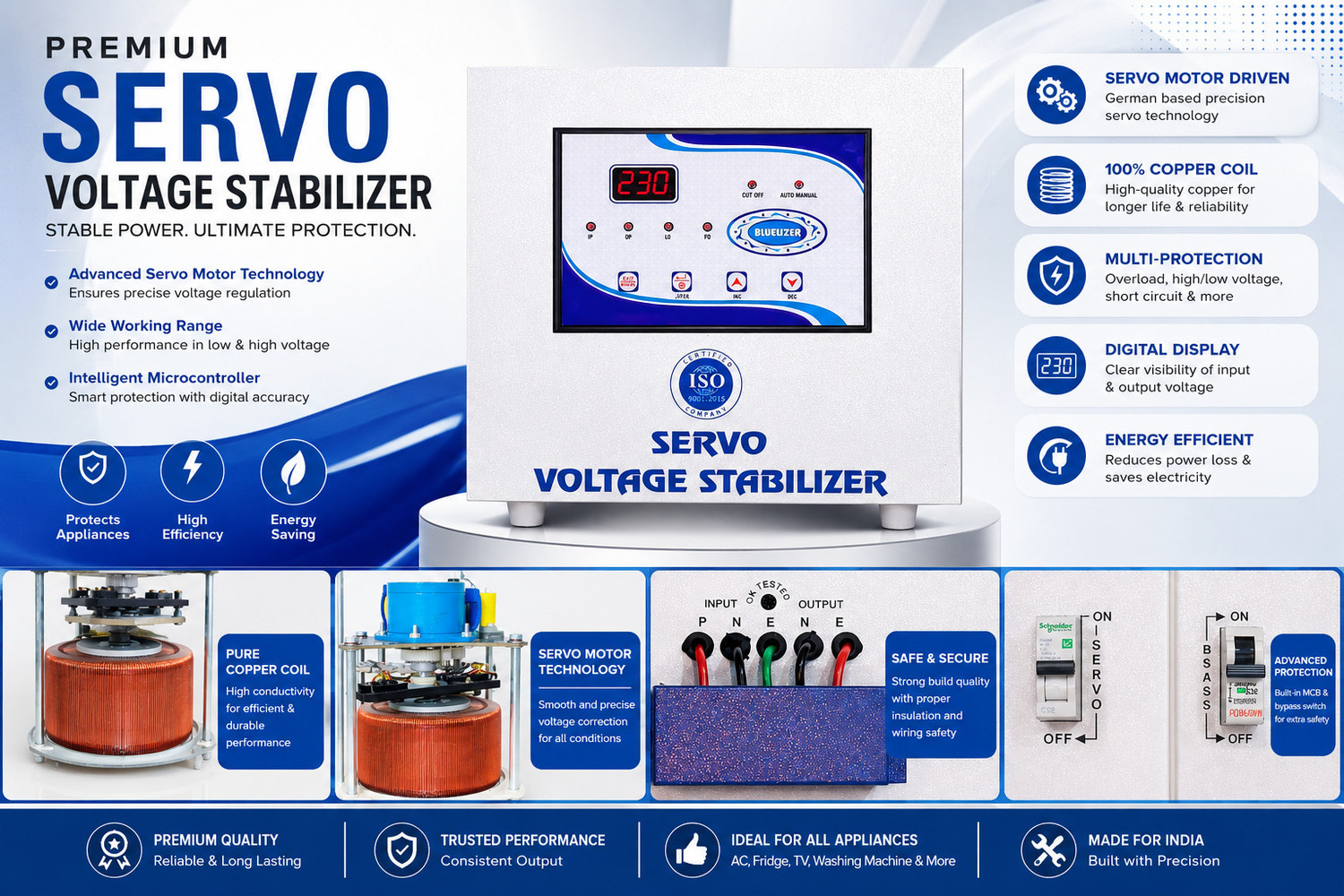 Image of BLUELIZER 5 KVA SERVO WORKING RANGE (100 - 285 V) (INDIA'S FIRST SERVO WITH IN DISPLAY AMPERE METER)