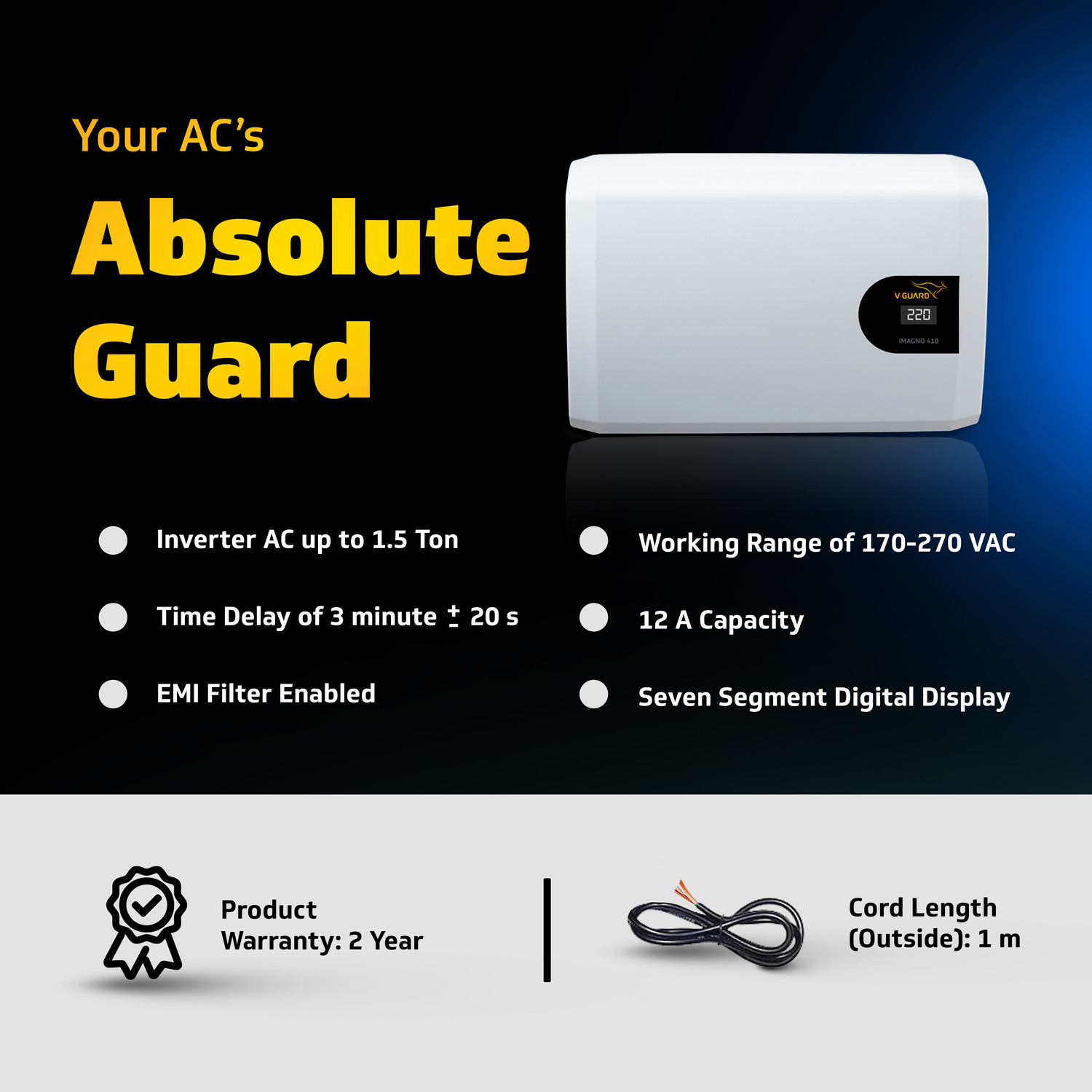 Image of V-Guard iMagno 410 Inverter AC Stabilizer | Digital Display | (170-270 VAC) (up to 1.5 Ton AC)