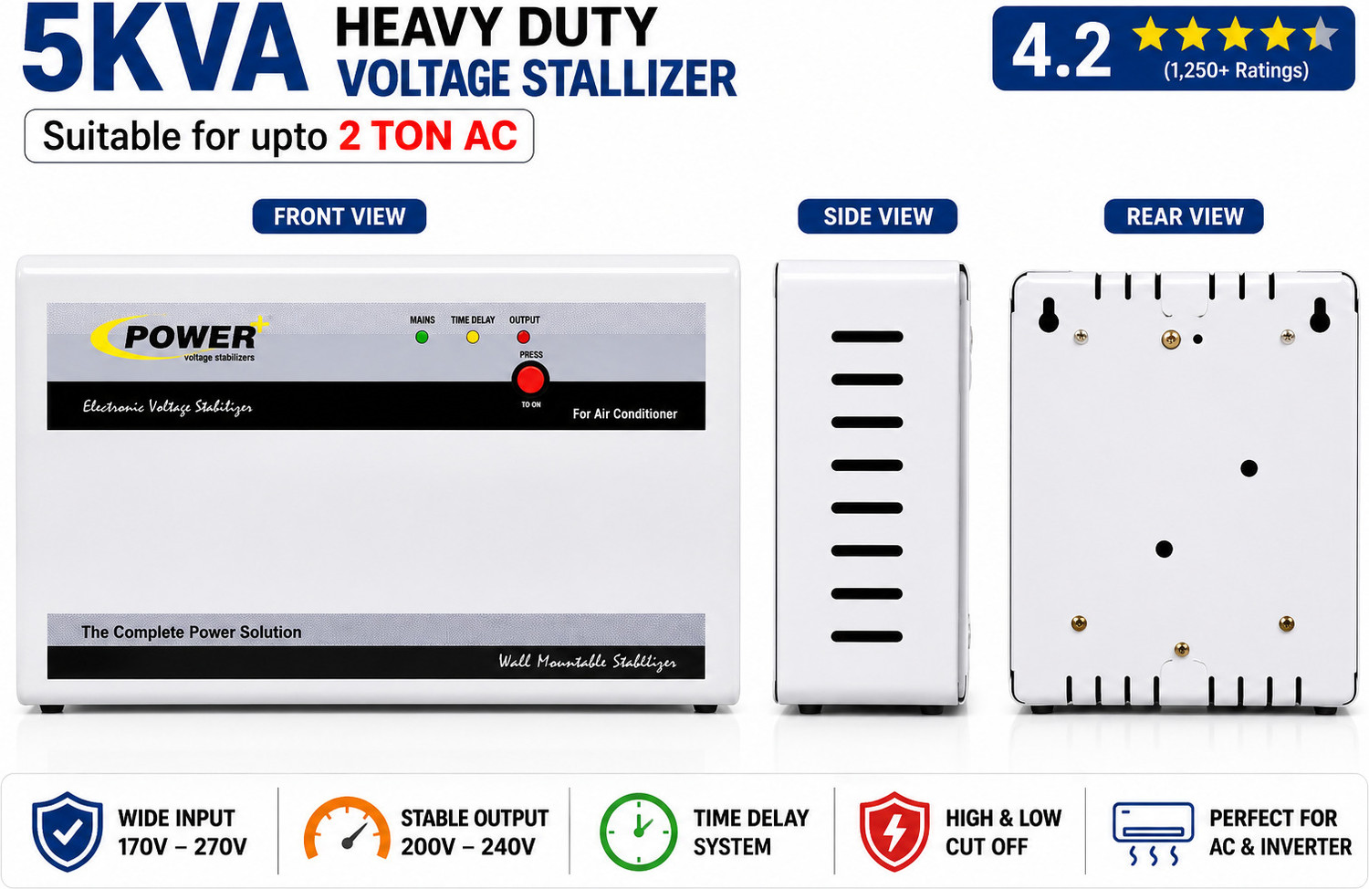 Image of Power Plus 5 KVA TMD AC Stabilizer for Up to 2 Ton Air Conditioner | 170V-270V | Heavy Duty TMD